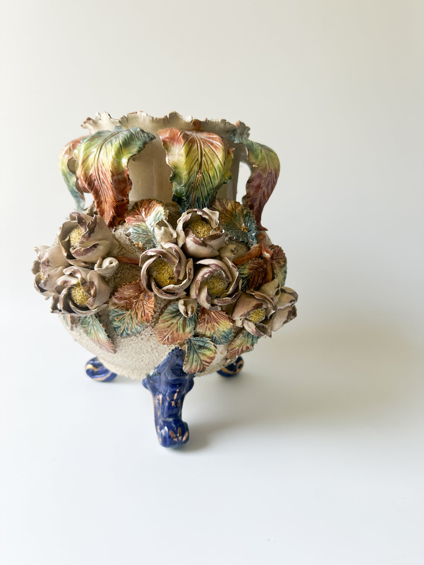 19th Century French Barbotine Majolica Floral Cache Pot Vase