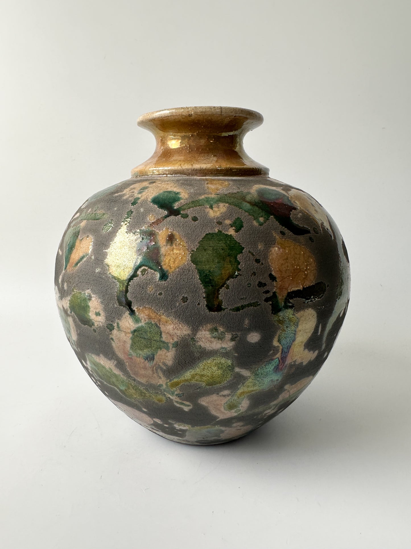 Beautiful Splash Glaze Raku Pottery Vase - Signed