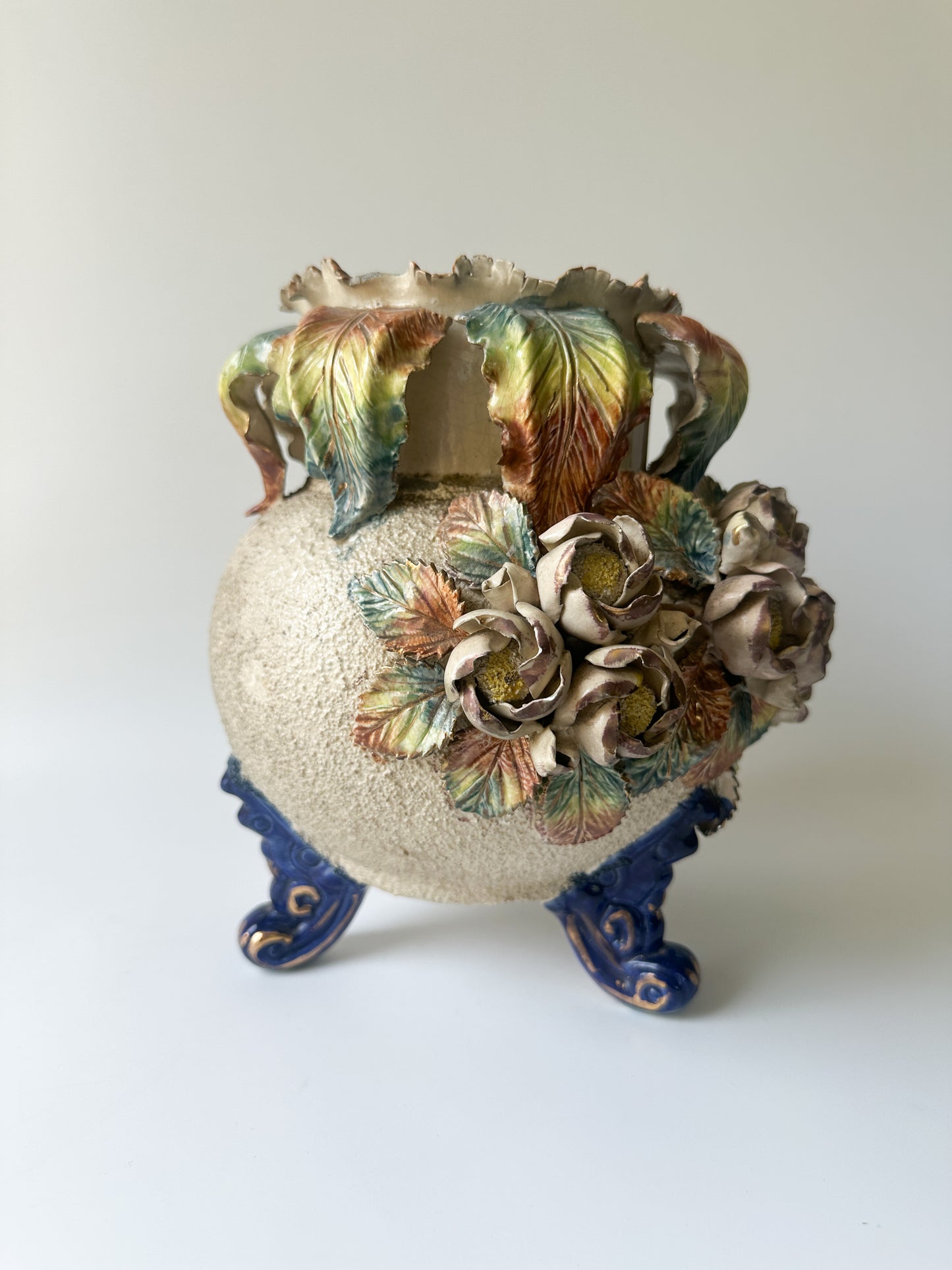 19th Century French Barbotine Majolica Floral Cache Pot Vase