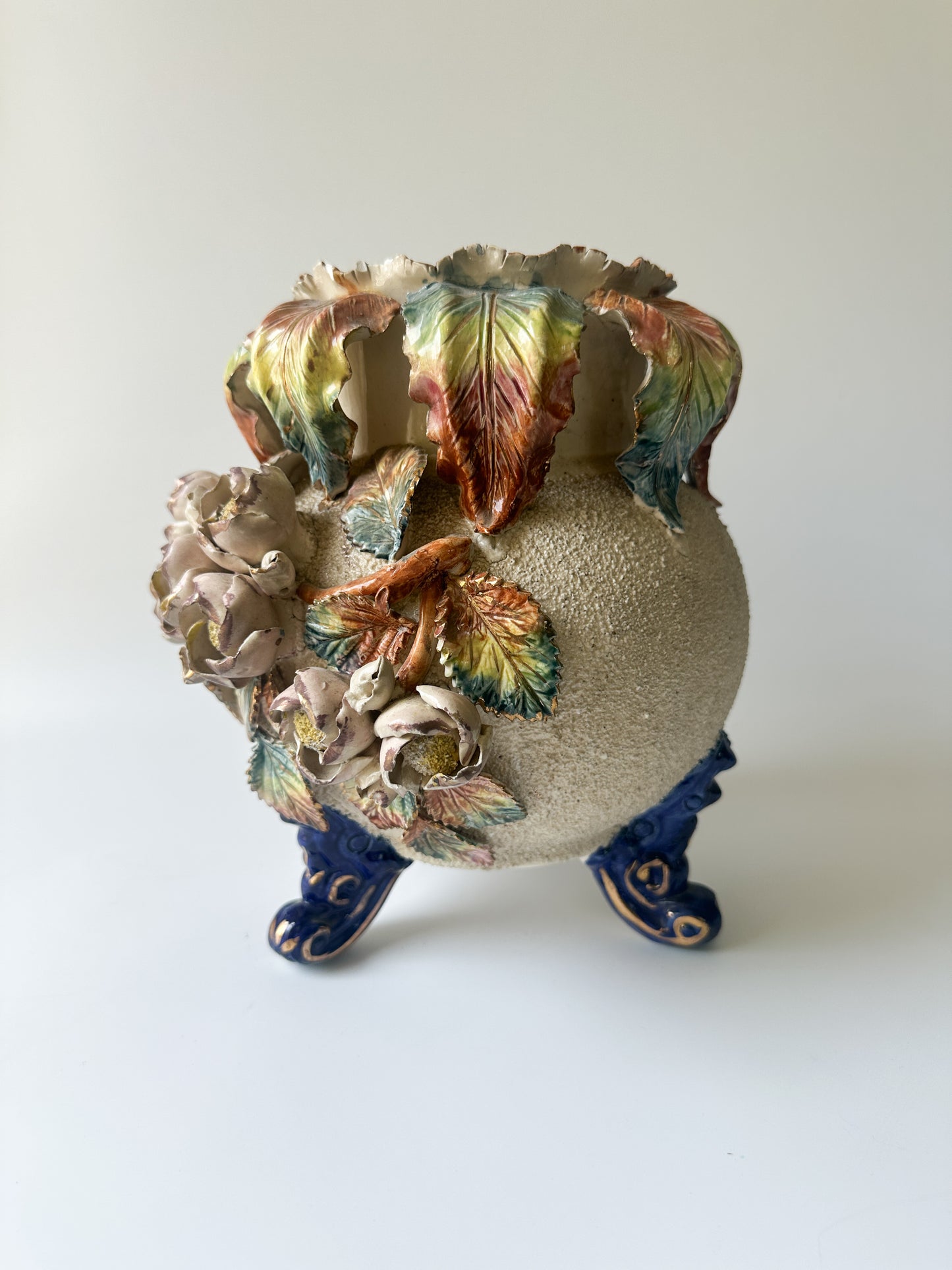 19th Century French Barbotine Majolica Floral Cache Pot Vase