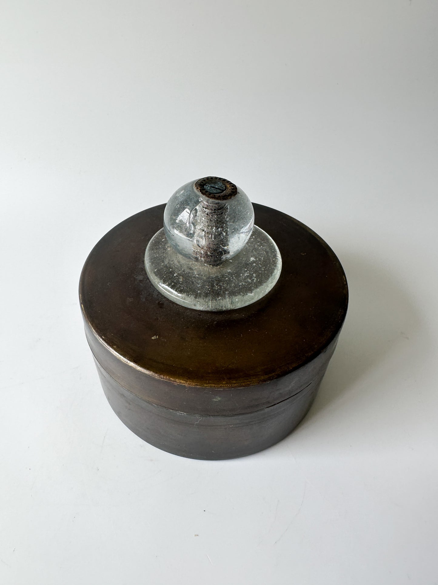 Round Metal Box with Handblown Clear Glass Knob on Lid