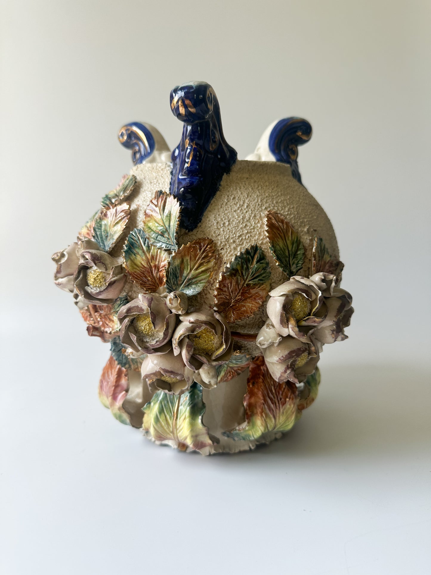 19th Century French Barbotine Majolica Floral Cache Pot Vase