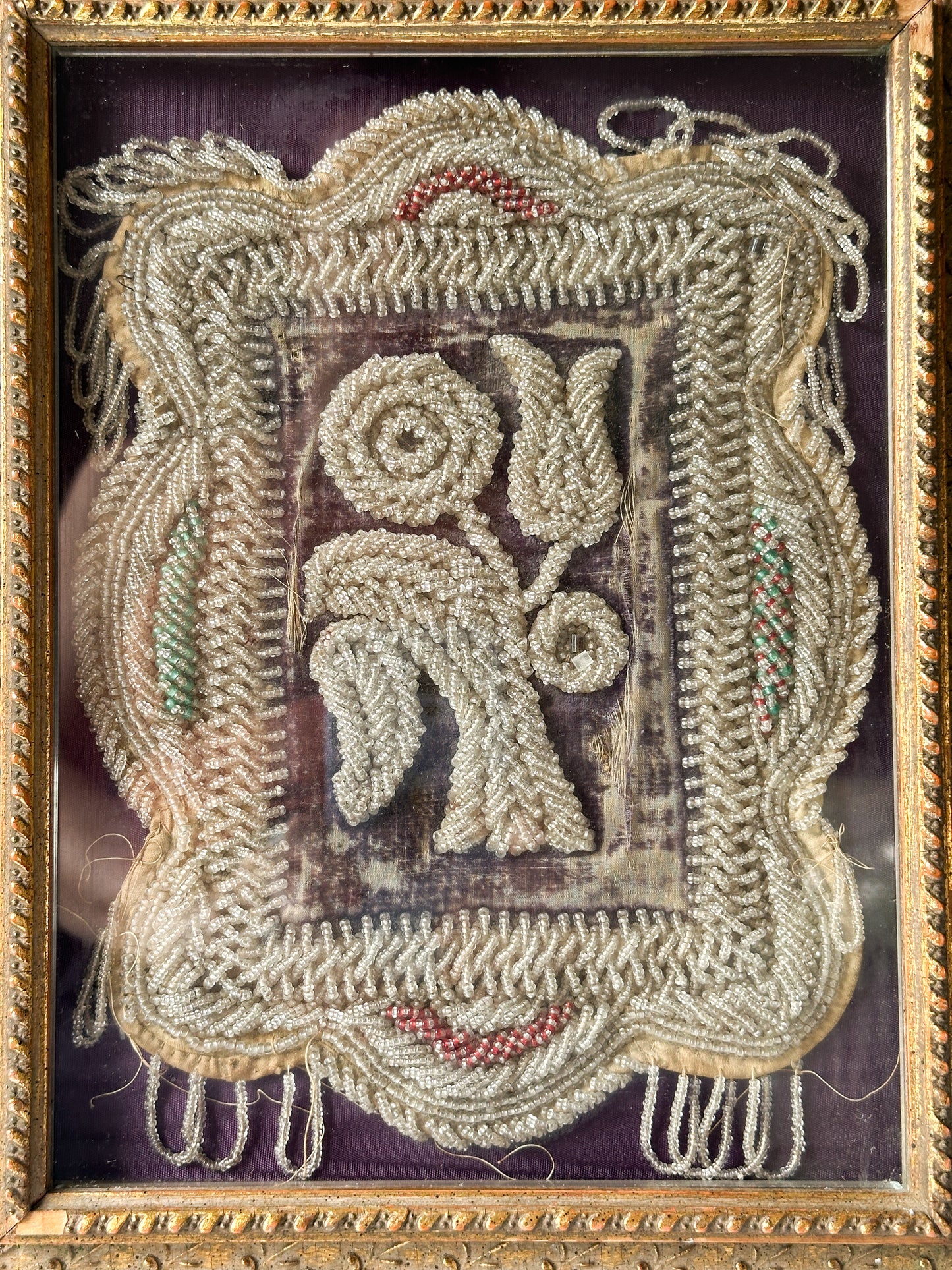 Antique Iroquois Hand Beaded Floral Textile Framed