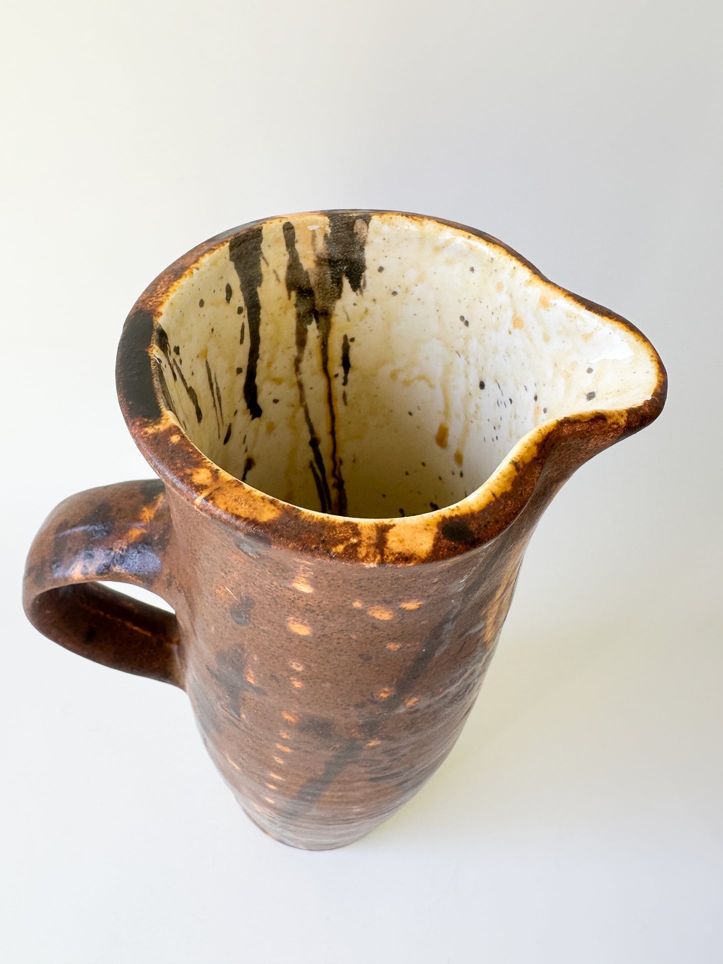 Vintage Brown Ceramic Pitcher with Drip Glaze