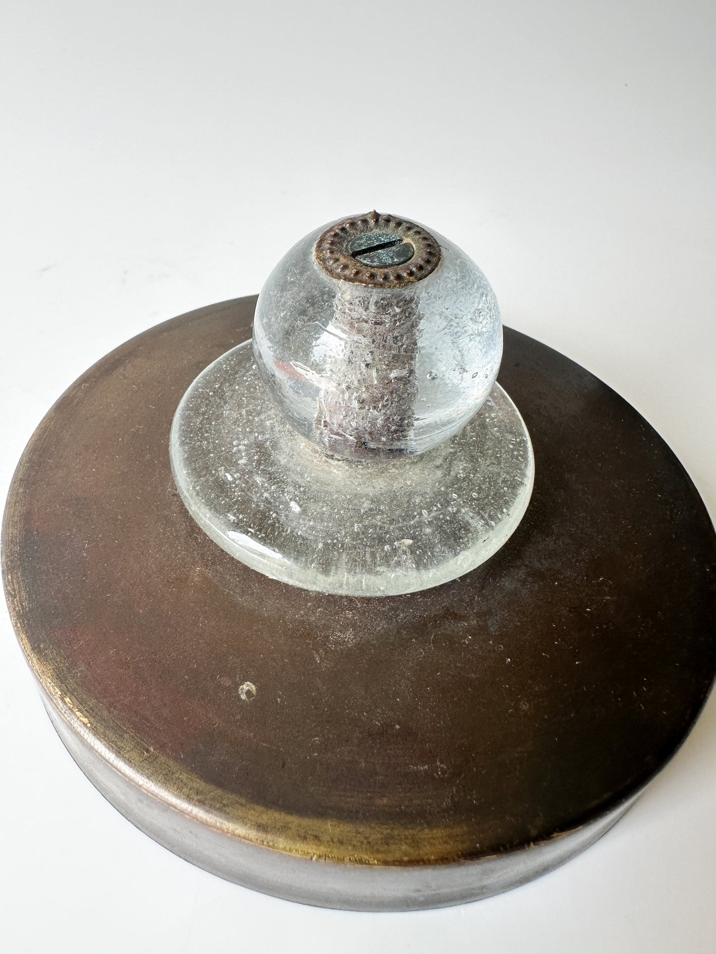 Round Metal Box with Handblown Clear Glass Knob on Lid