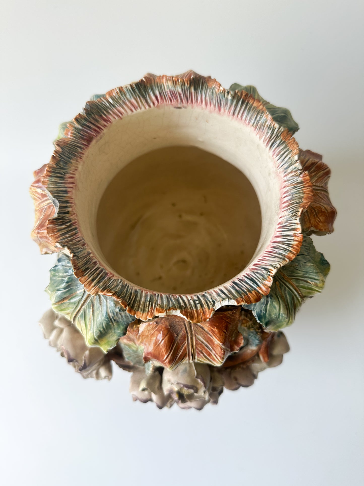 19th Century French Barbotine Majolica Floral Cache Pot Vase