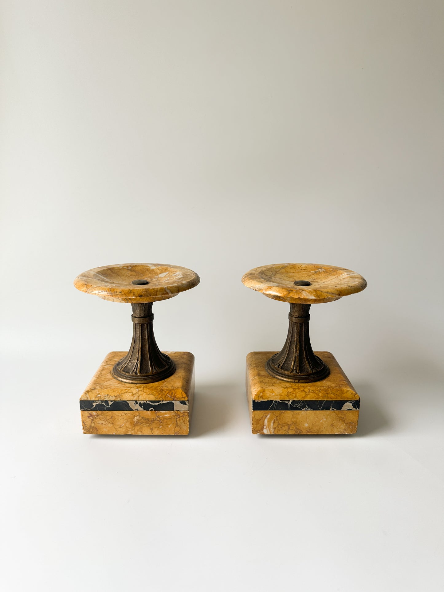 French Art Deco Mantle Clock Yellow and Black Marble Candle Holders (Pair)