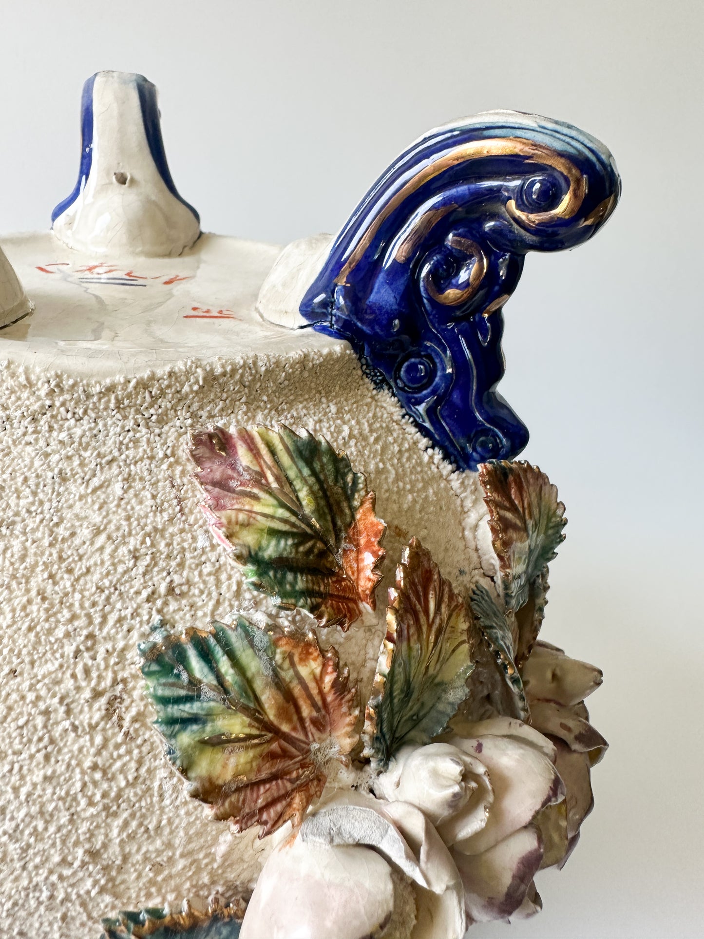 19th Century French Barbotine Majolica Floral Cache Pot Vase