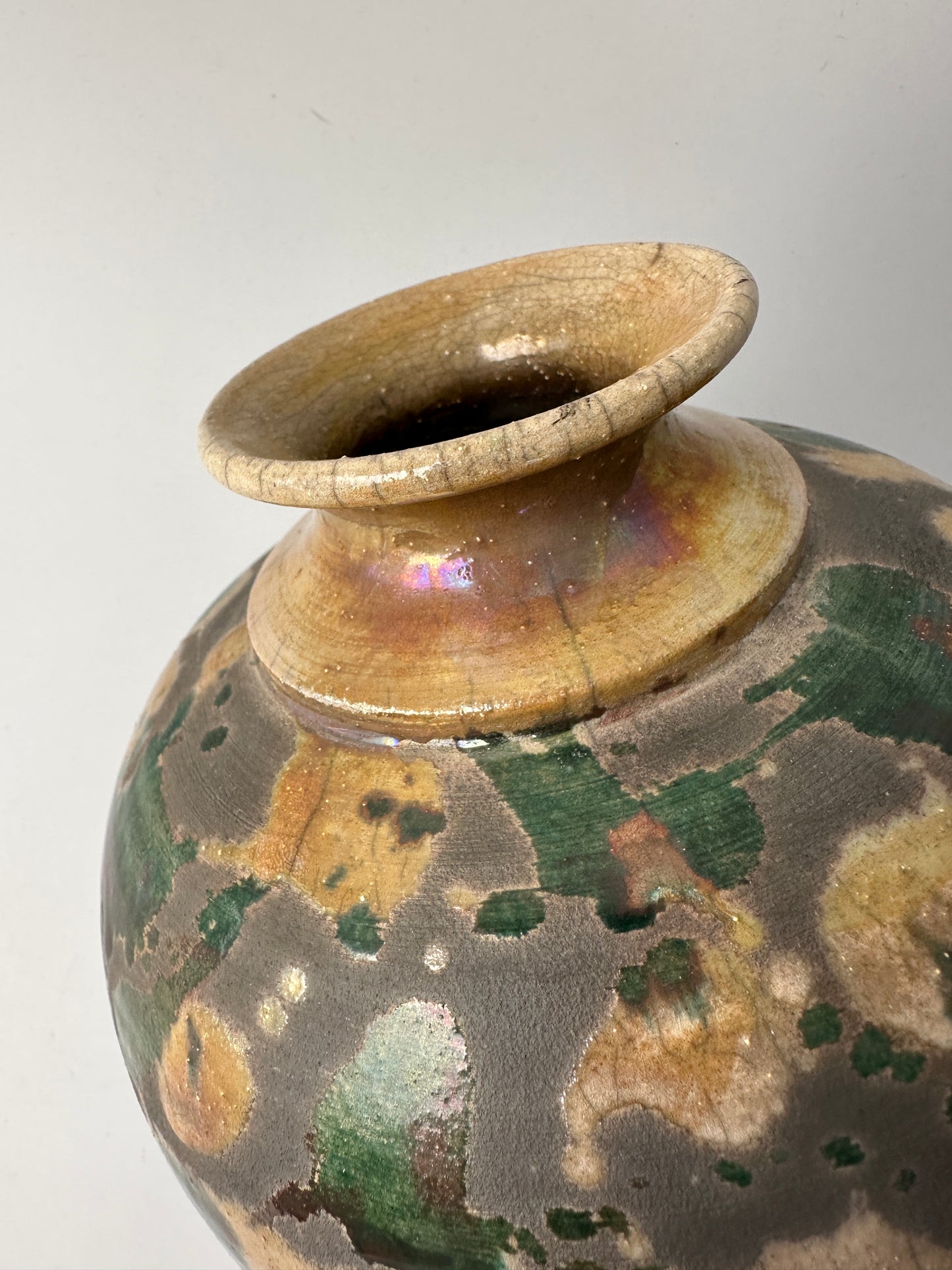 Beautiful Splash Glaze Raku Pottery Vase - Signed