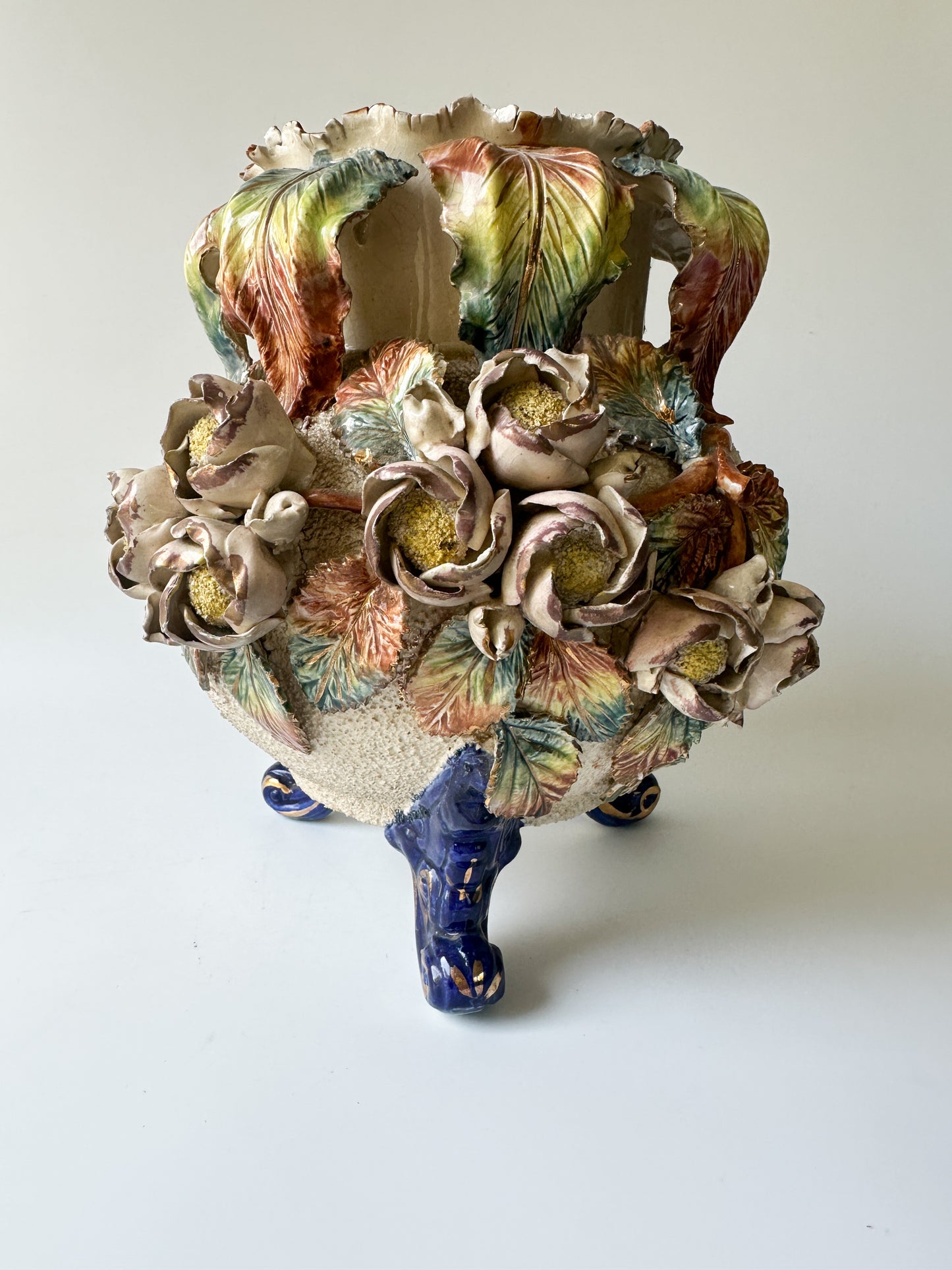 19th Century French Barbotine Majolica Floral Cache Pot Vase