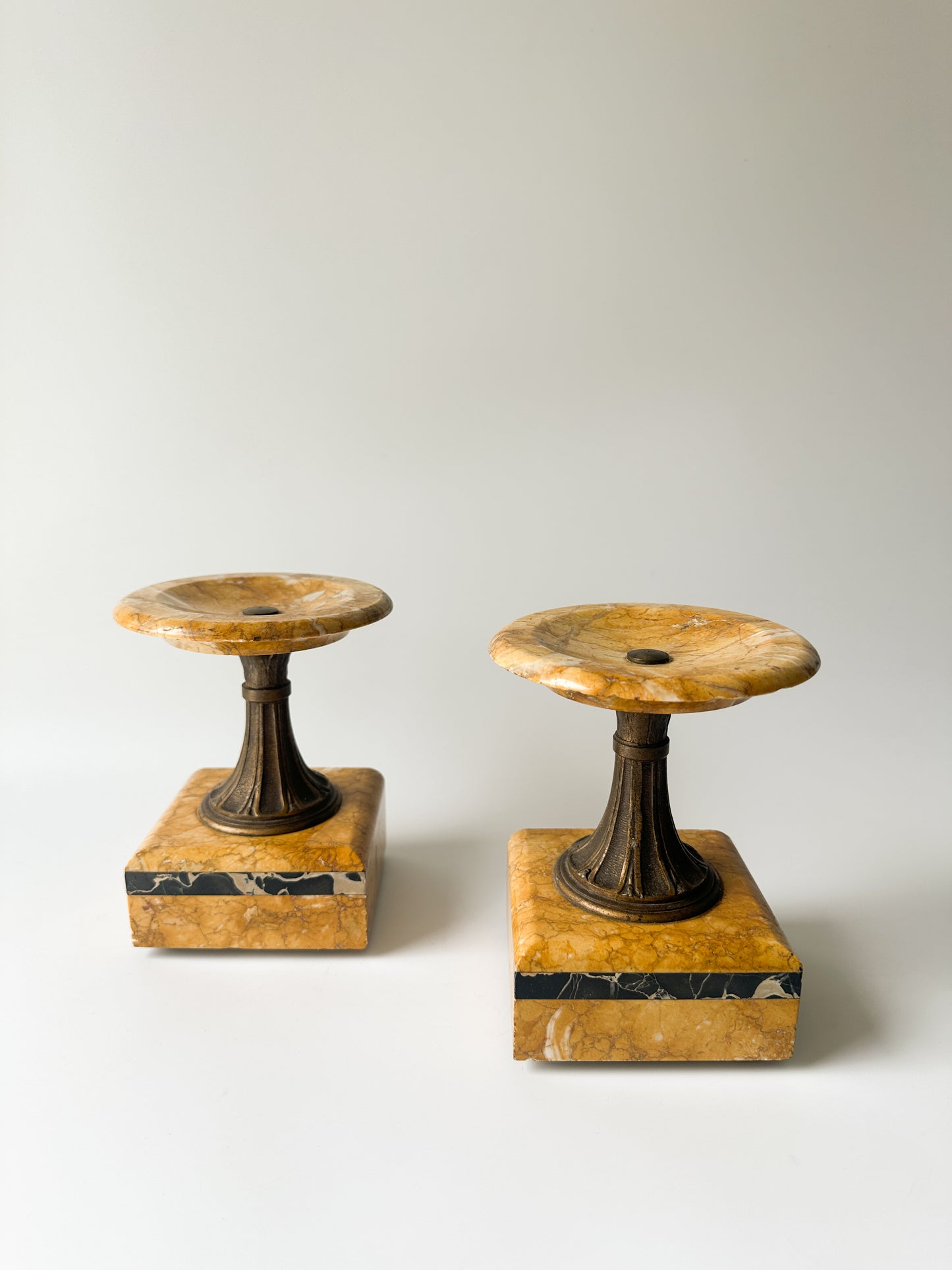 French Art Deco Mantle Clock Yellow and Black Marble Candle Holders (Pair)