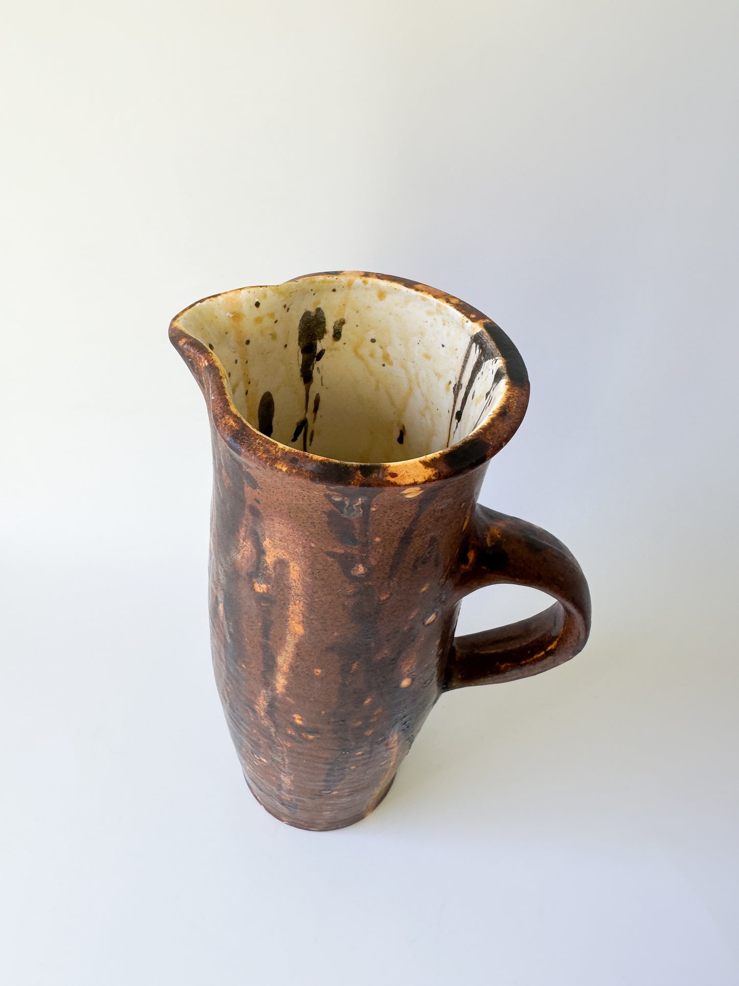 Vintage Brown Ceramic Pitcher with Drip Glaze