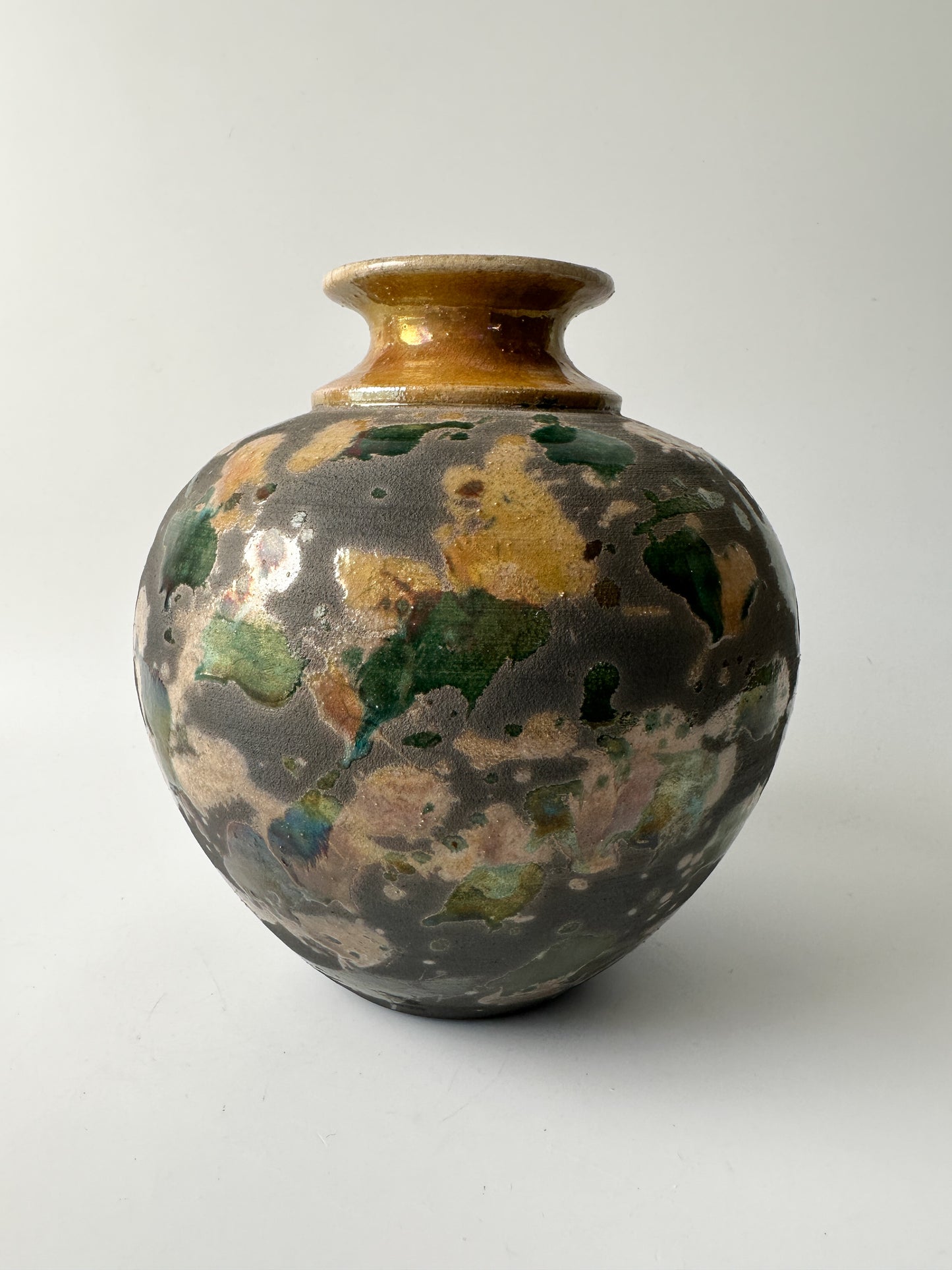 Beautiful Splash Glaze Raku Pottery Vase - Signed