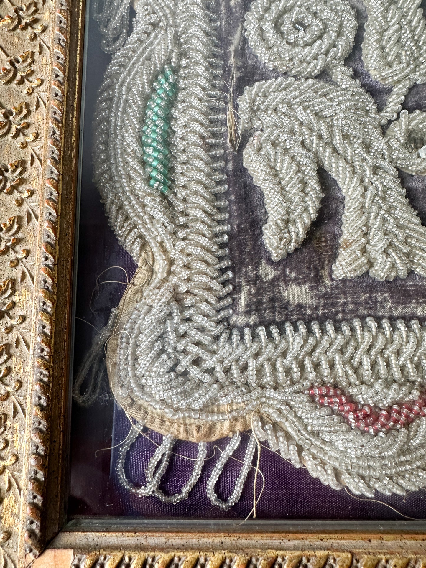 Antique Iroquois Hand Beaded Floral Textile Framed