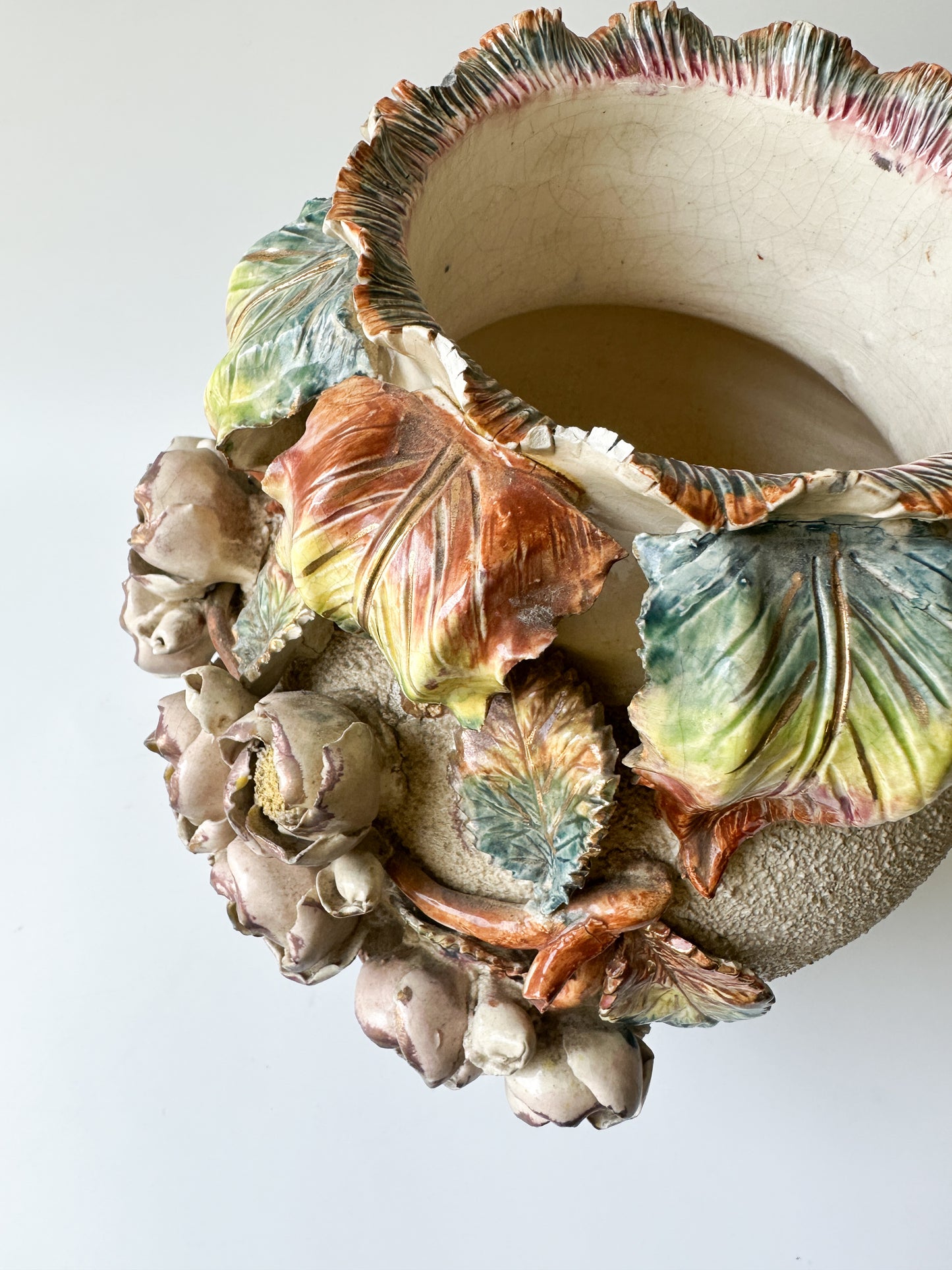 19th Century French Barbotine Majolica Floral Cache Pot Vase