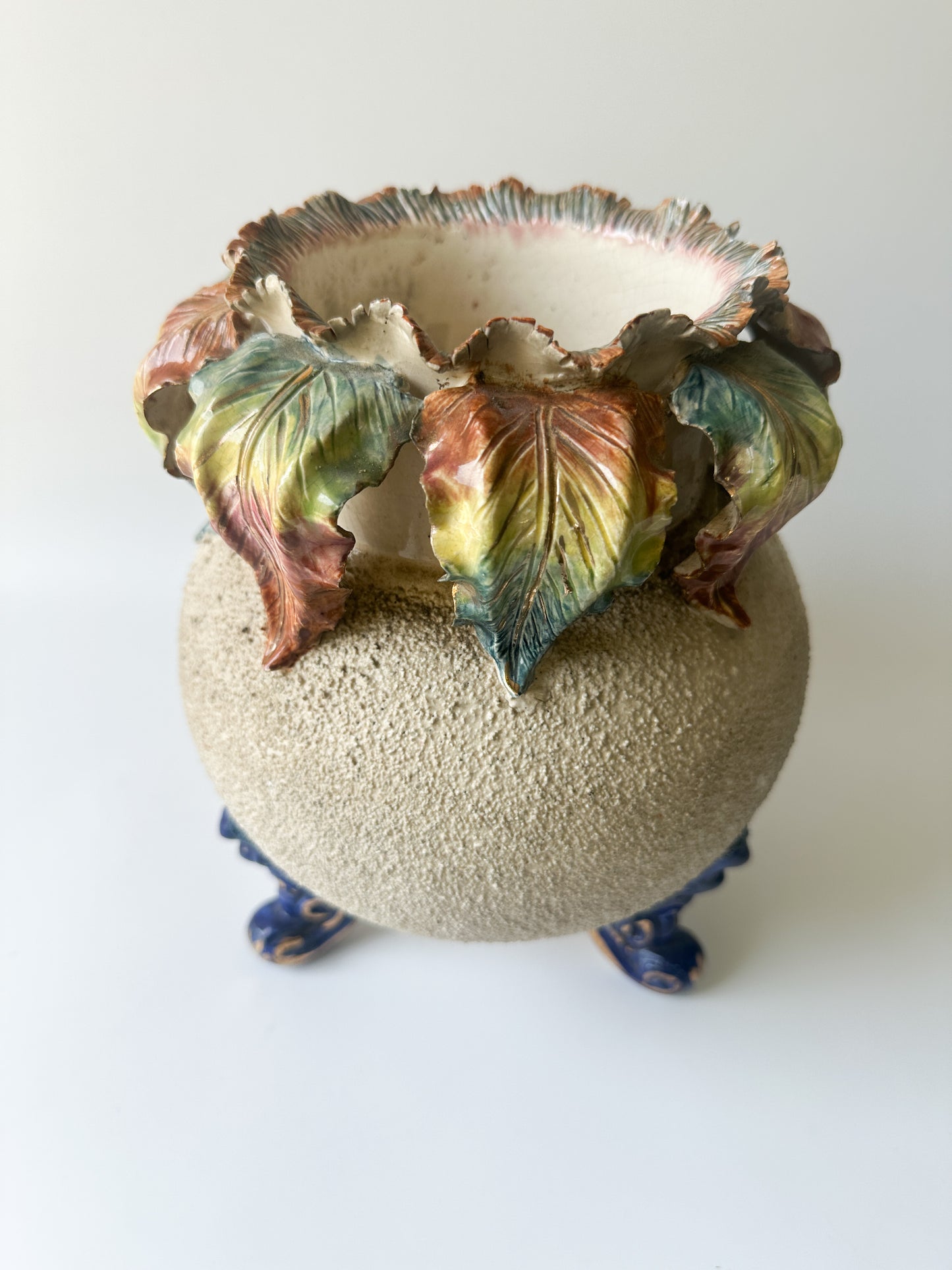 19th Century French Barbotine Majolica Floral Cache Pot Vase
