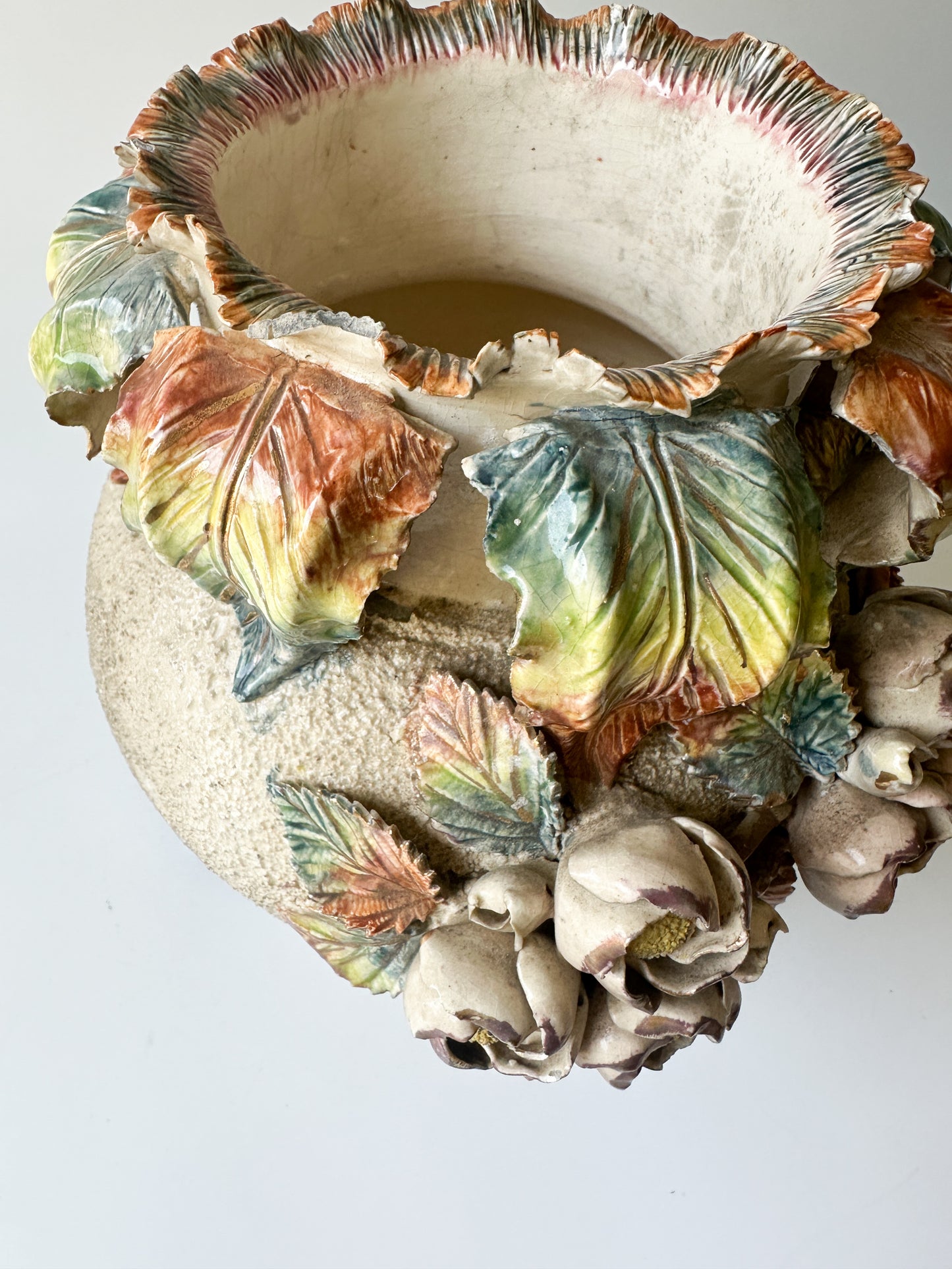 19th Century French Barbotine Majolica Floral Cache Pot Vase