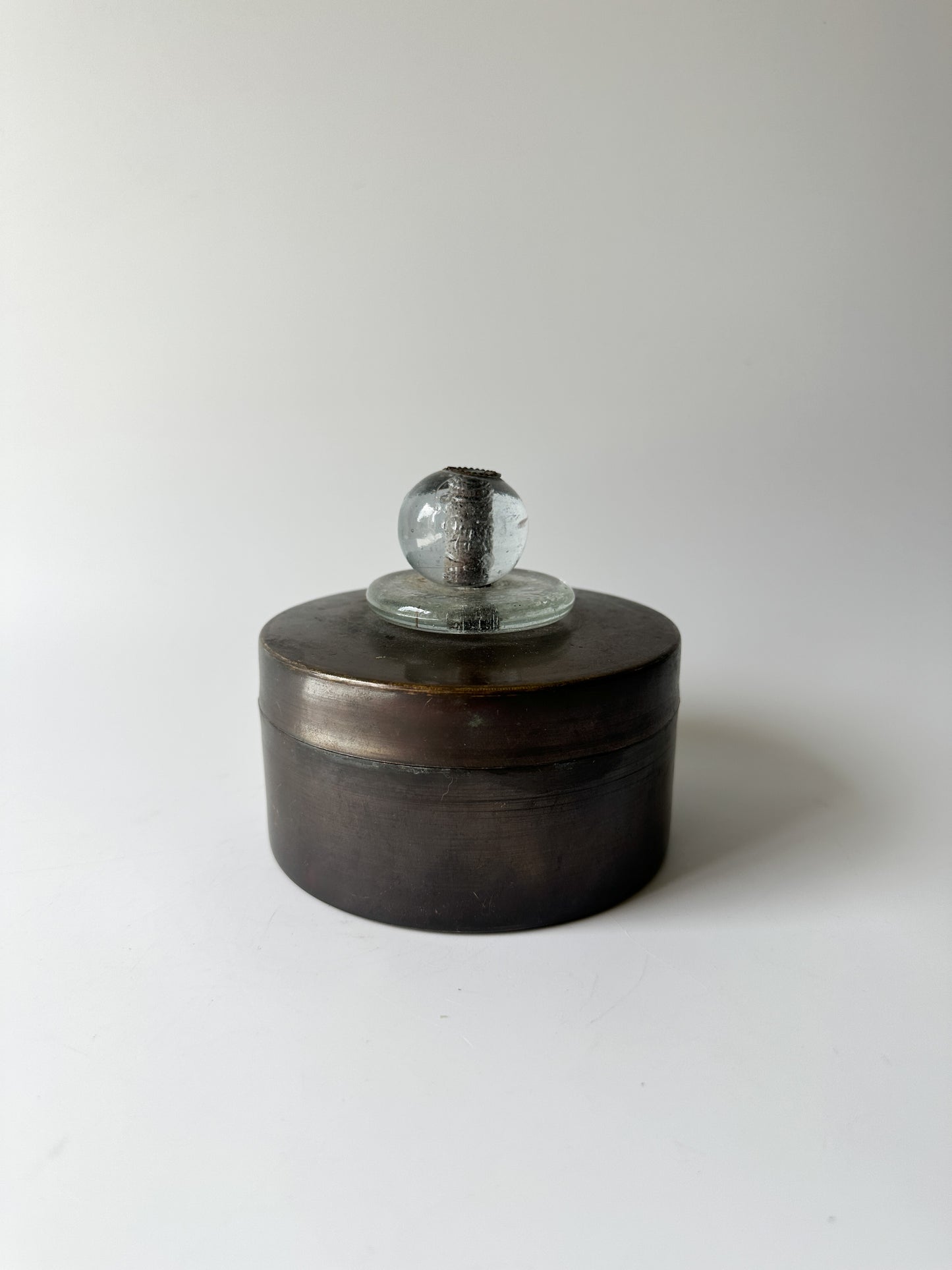 Round Metal Box with Handblown Clear Glass Knob on Lid