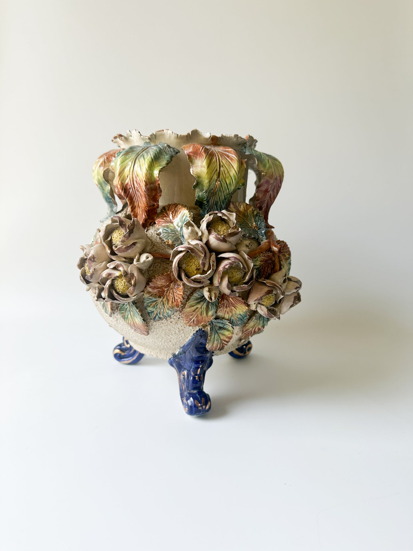 19th Century French Barbotine Majolica Floral Cache Pot Vase