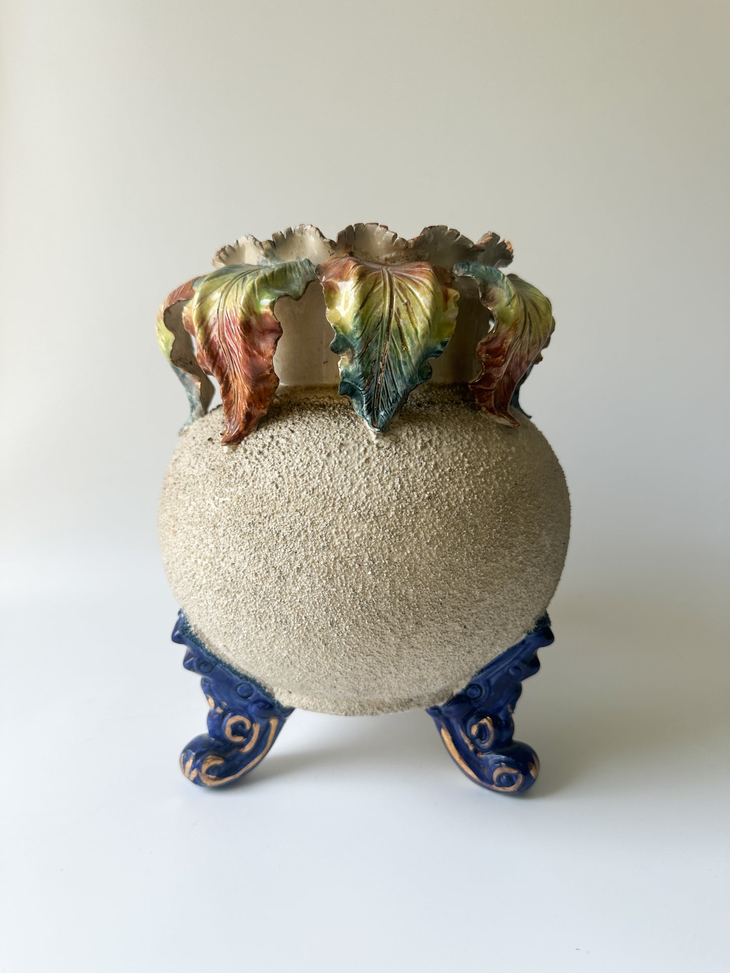 19th Century French Barbotine Majolica Floral Cache Pot Vase