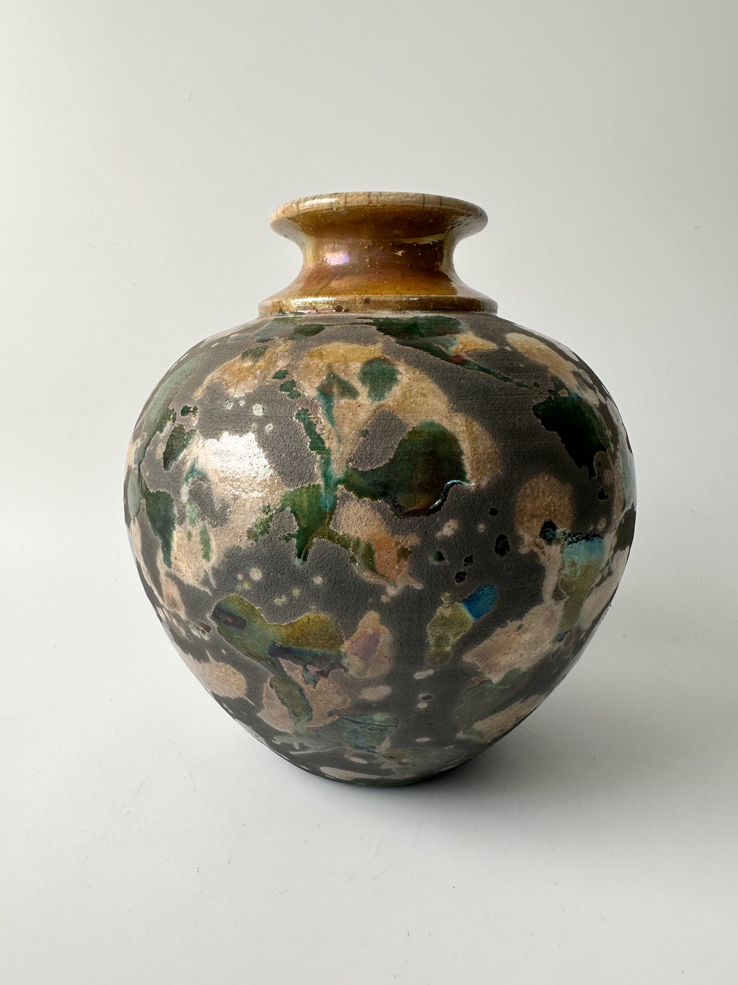 Beautiful Splash Glaze Raku Pottery Vase - Signed