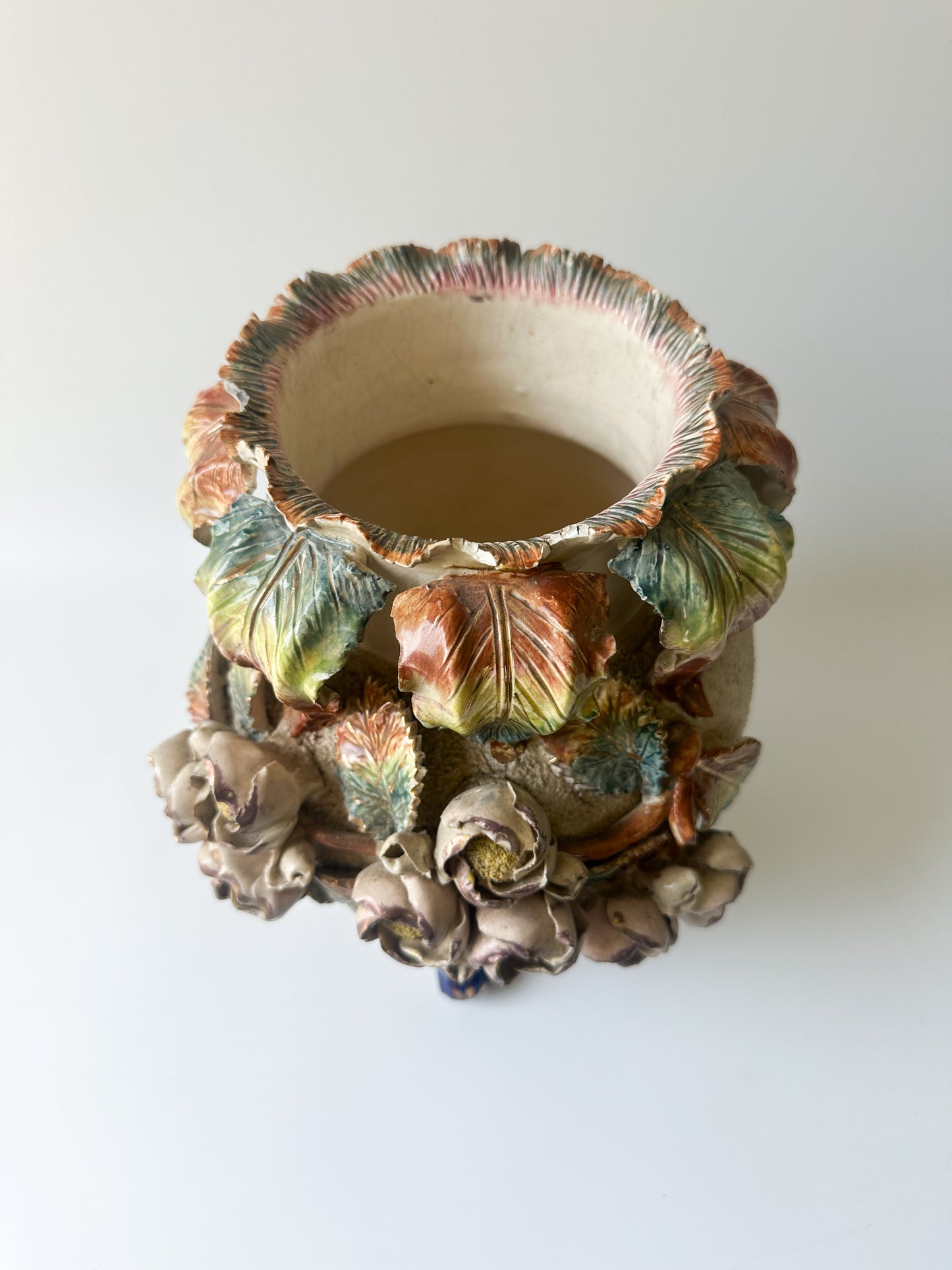 19th Century French Barbotine Majolica Floral Cache Pot Vase