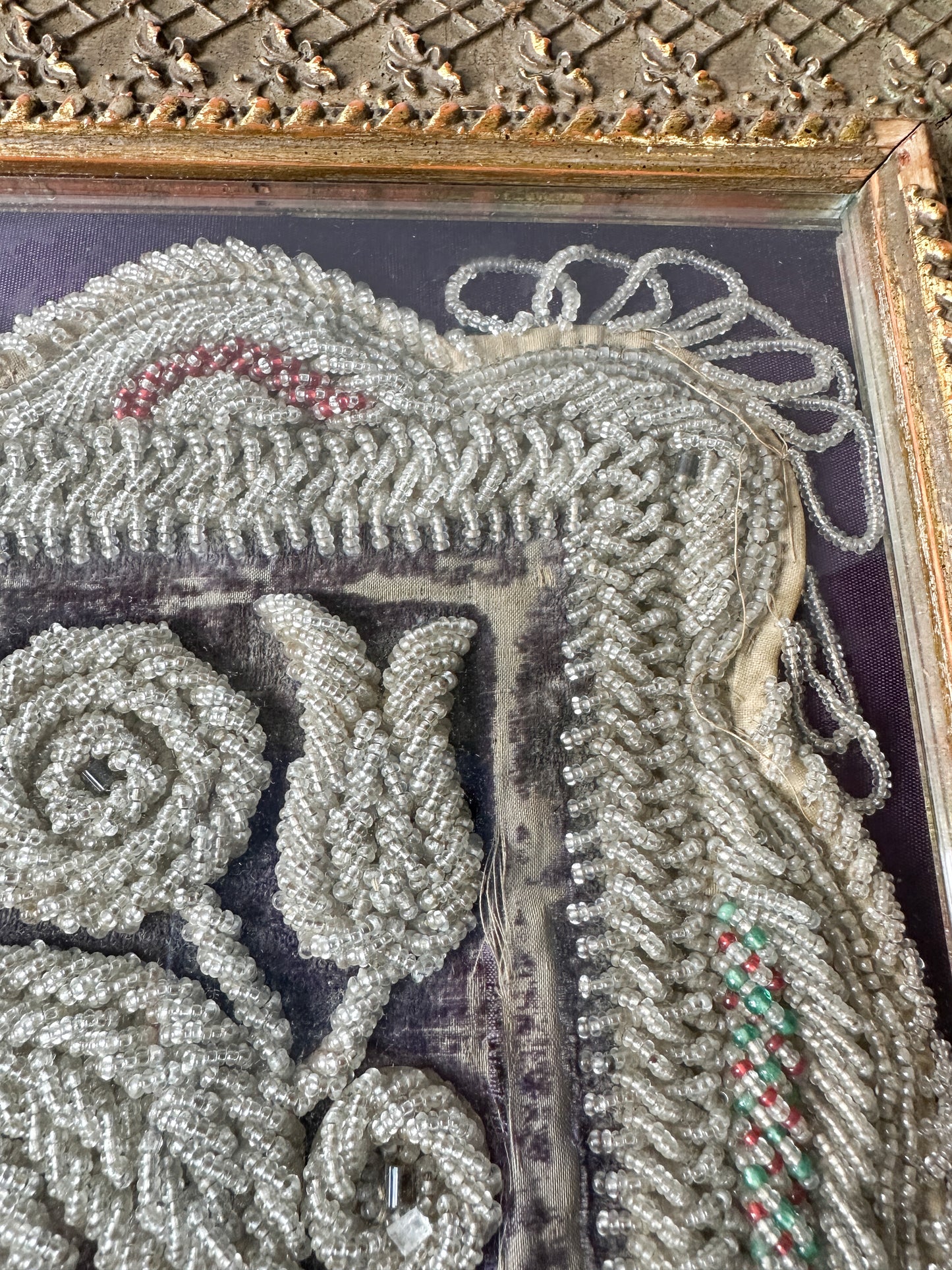 Antique Iroquois Hand Beaded Floral Textile Framed