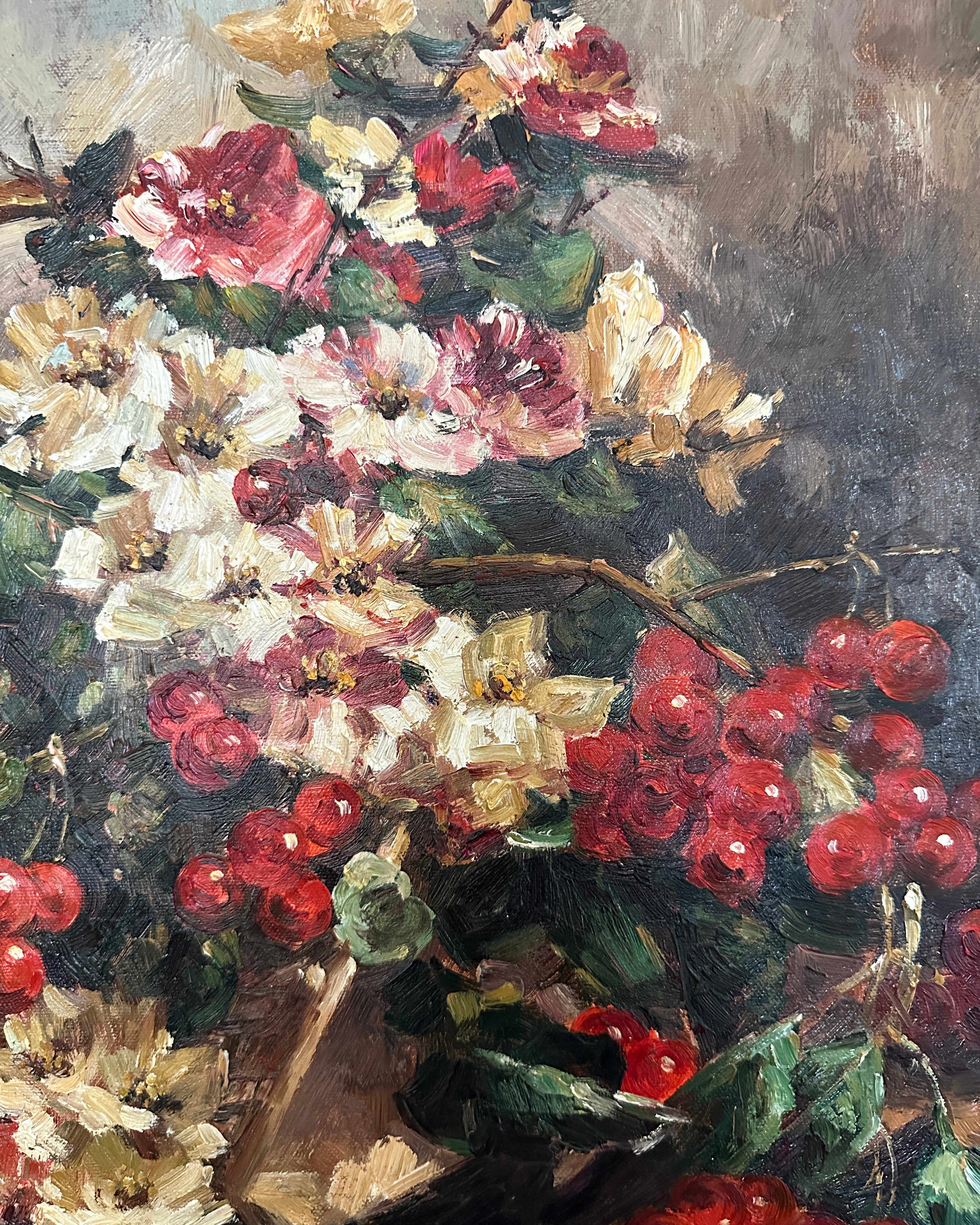 Oil Painting Still Life Basket of Flowers and Berries by Sully Bisso