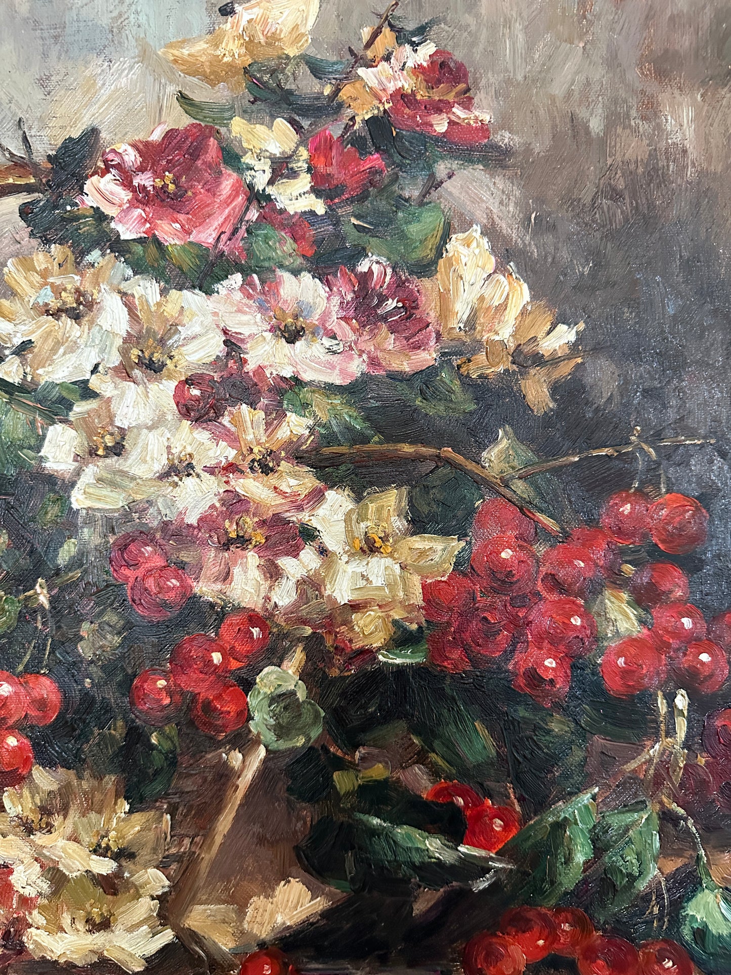 Oil Painting Still Life Basket of Flowers and Berries by Sully Bisso