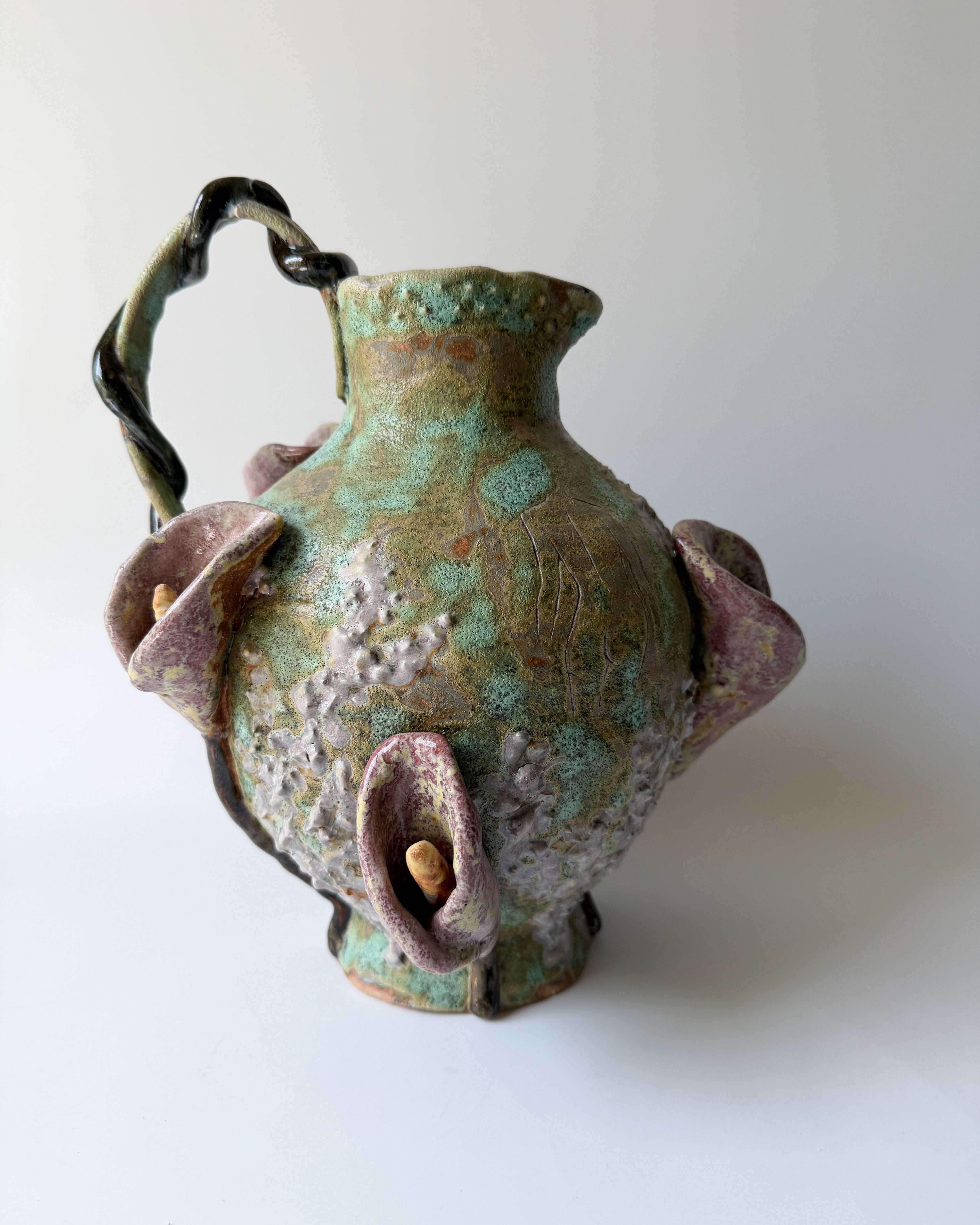 Handmade Ceramic Pitcher with Lillies and Etching of Woman