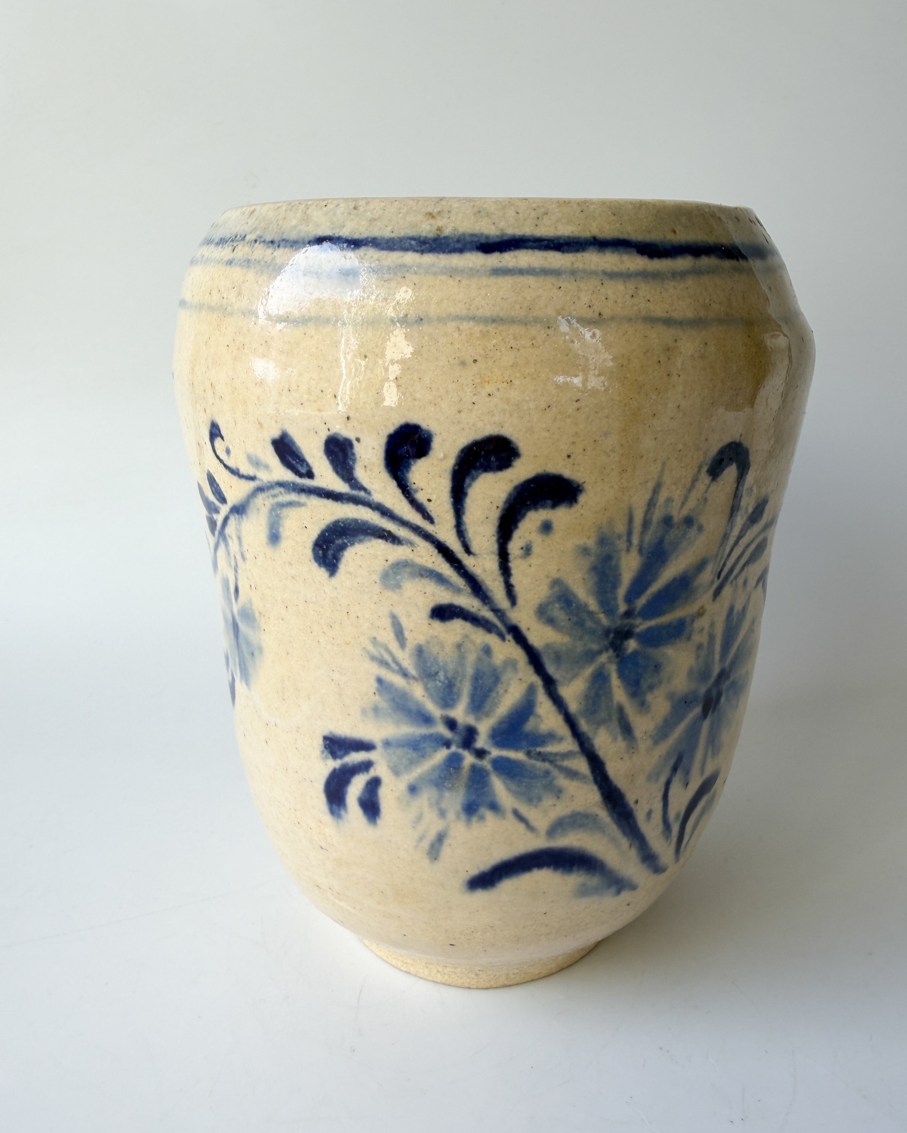 Vintage Pottery with Hand Painted Blue Flowers (signed)