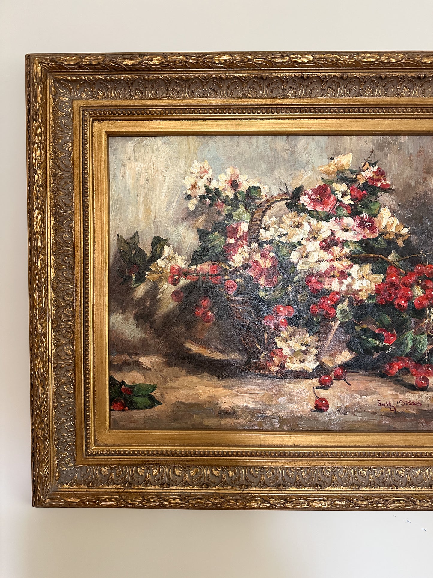 Oil Painting Still Life Basket of Flowers and Berries by Sully Bisso
