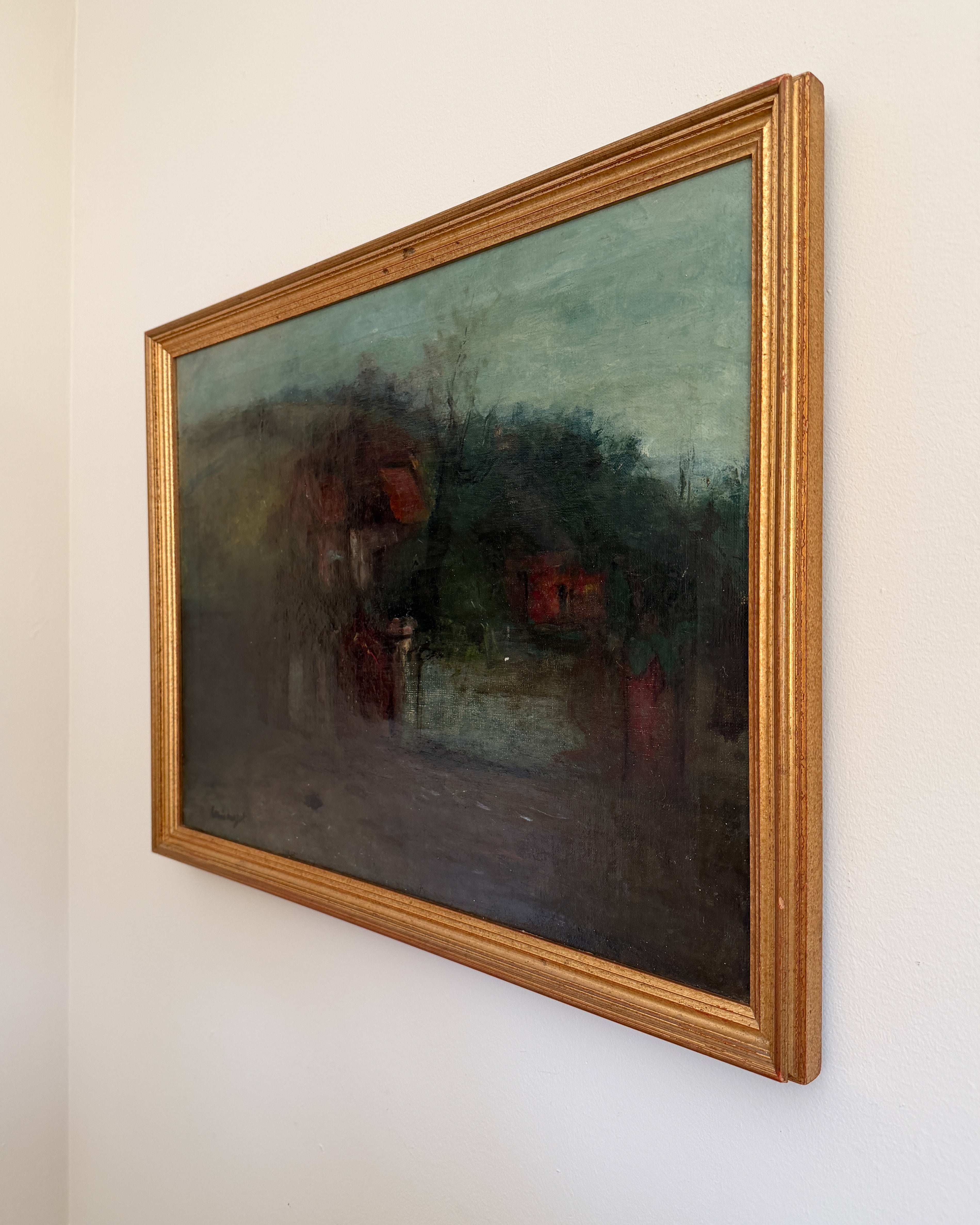 Oil Painting - Louis Mazet (French 20th Century), Houses Along a Road, 26"W x 20"H