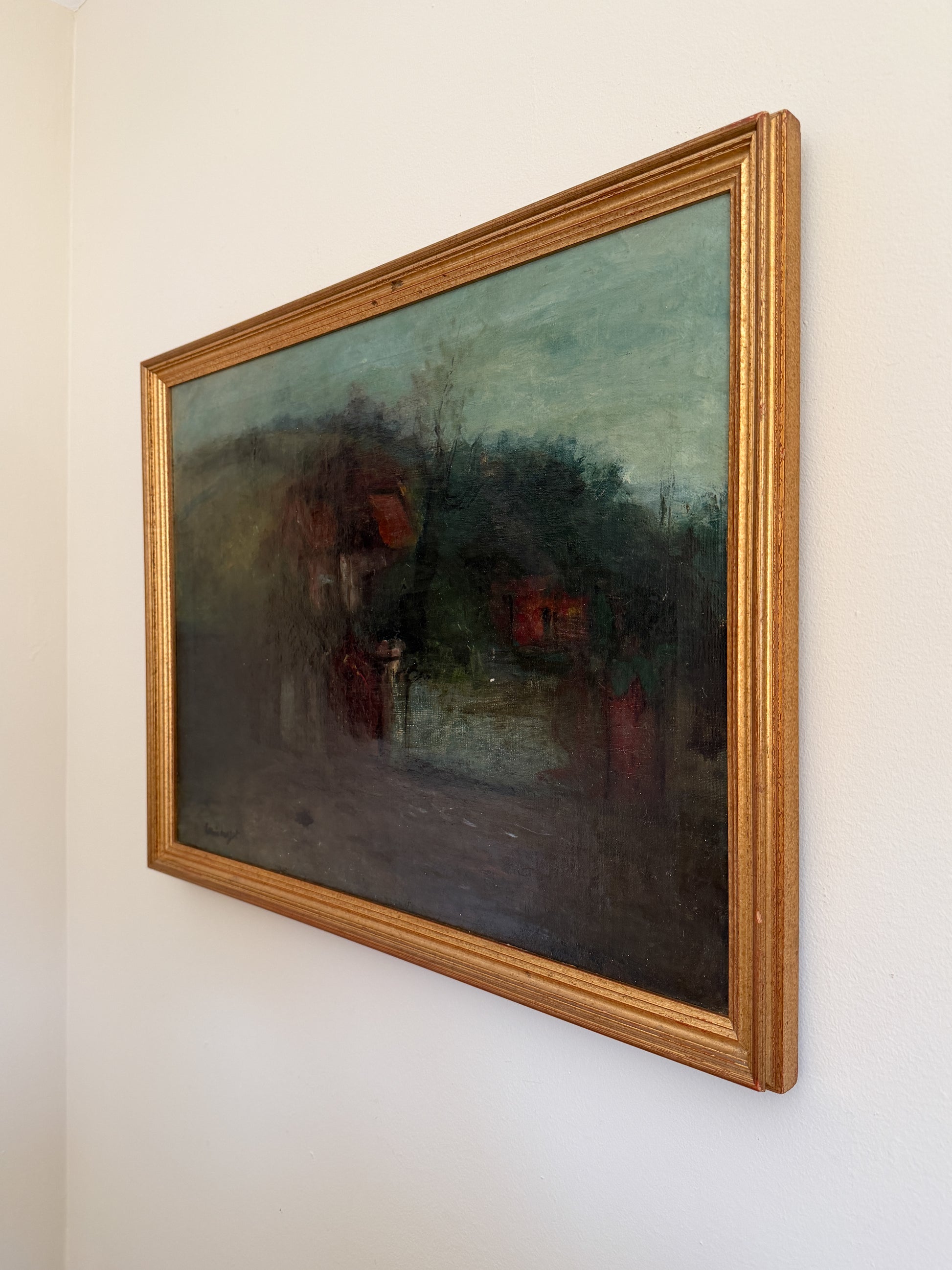 Oil Painting - Louis Mazet (French 20th Century), Houses Along a Road, 26"W x 20"H