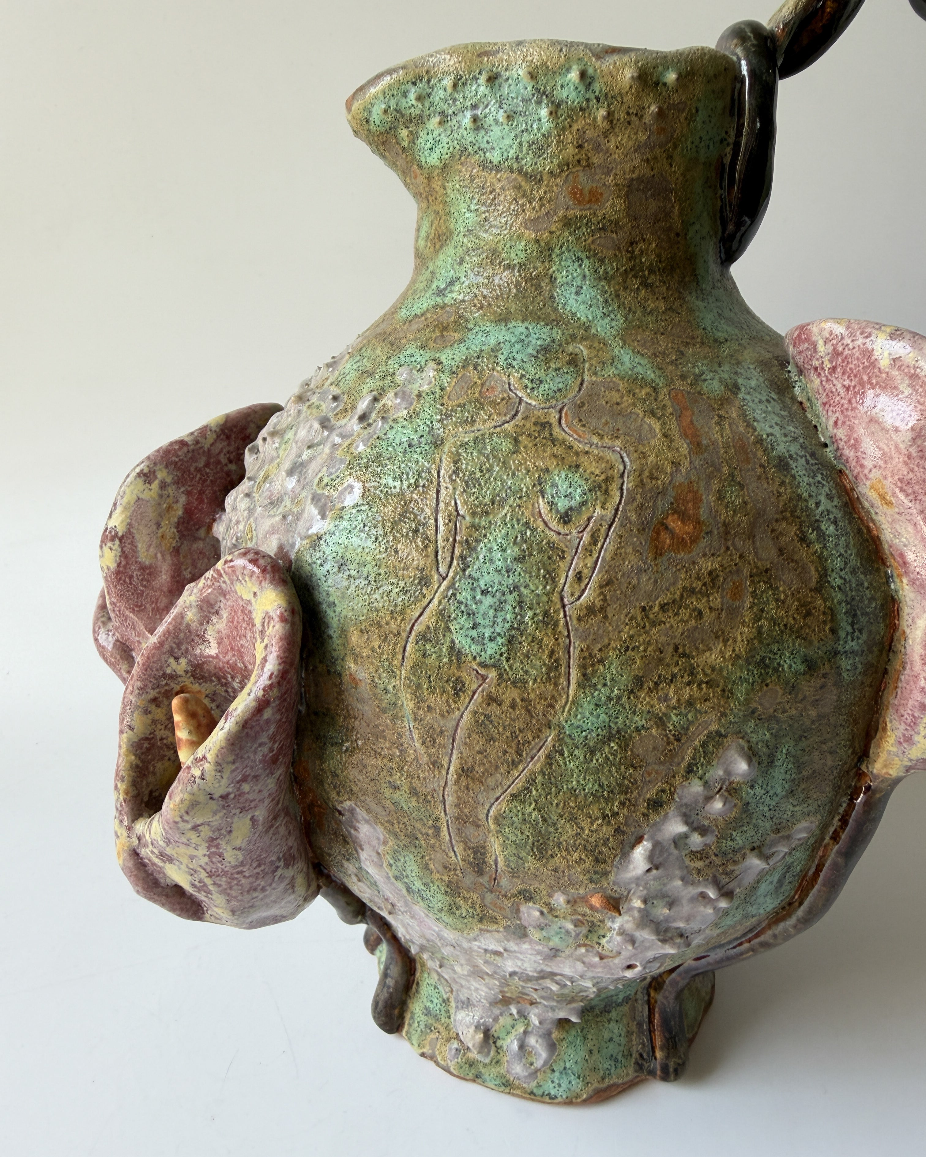 Handmade Ceramic Pitcher with Lillies and Etching of Woman