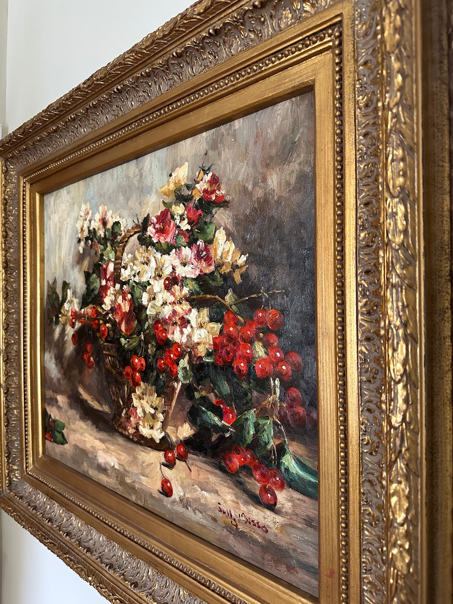 Oil Painting Still Life Basket of Flowers and Berries by Sully Bisso
