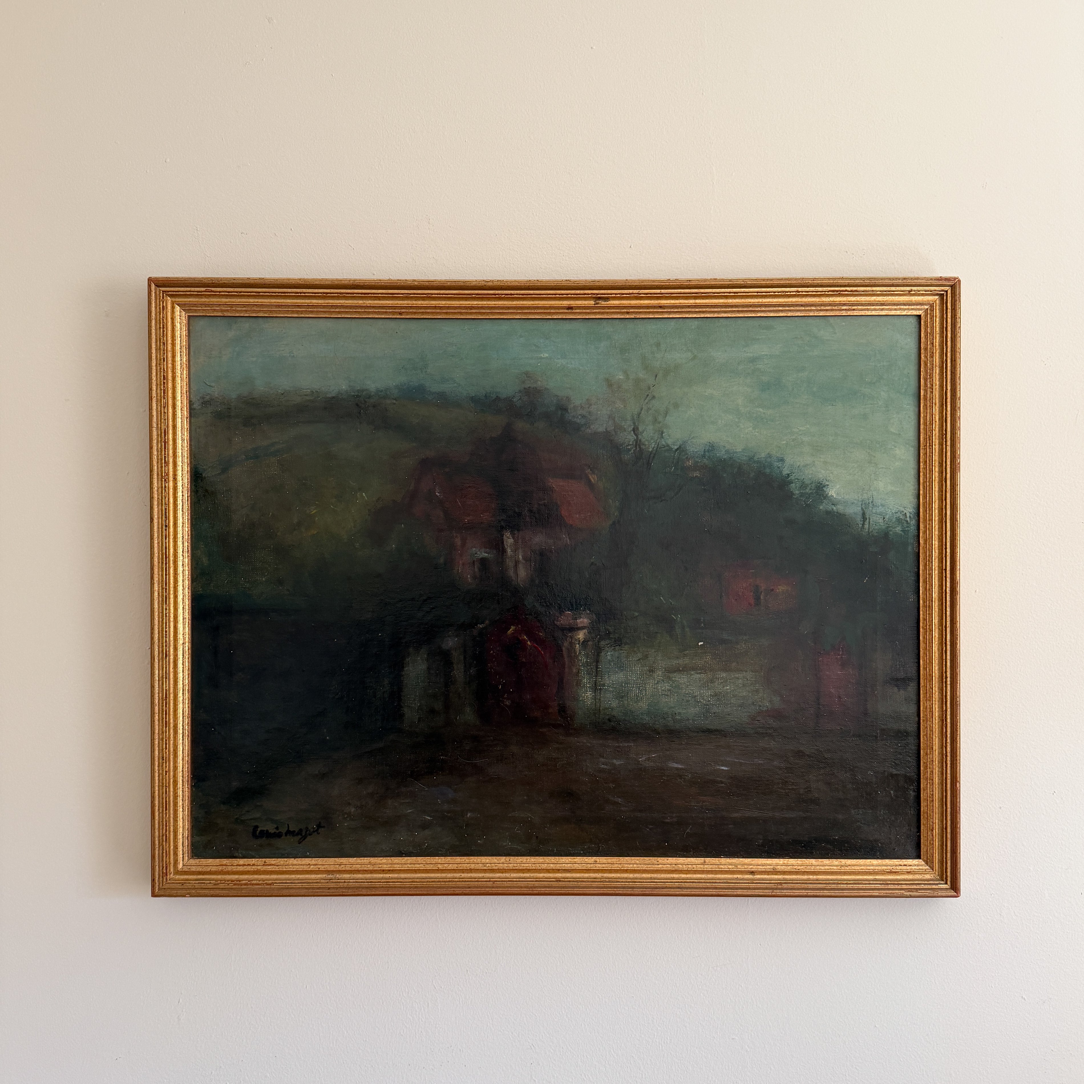 Oil Painting - Louis Mazet (French 20th Century), Houses Along a Road, 26"W x 20"H