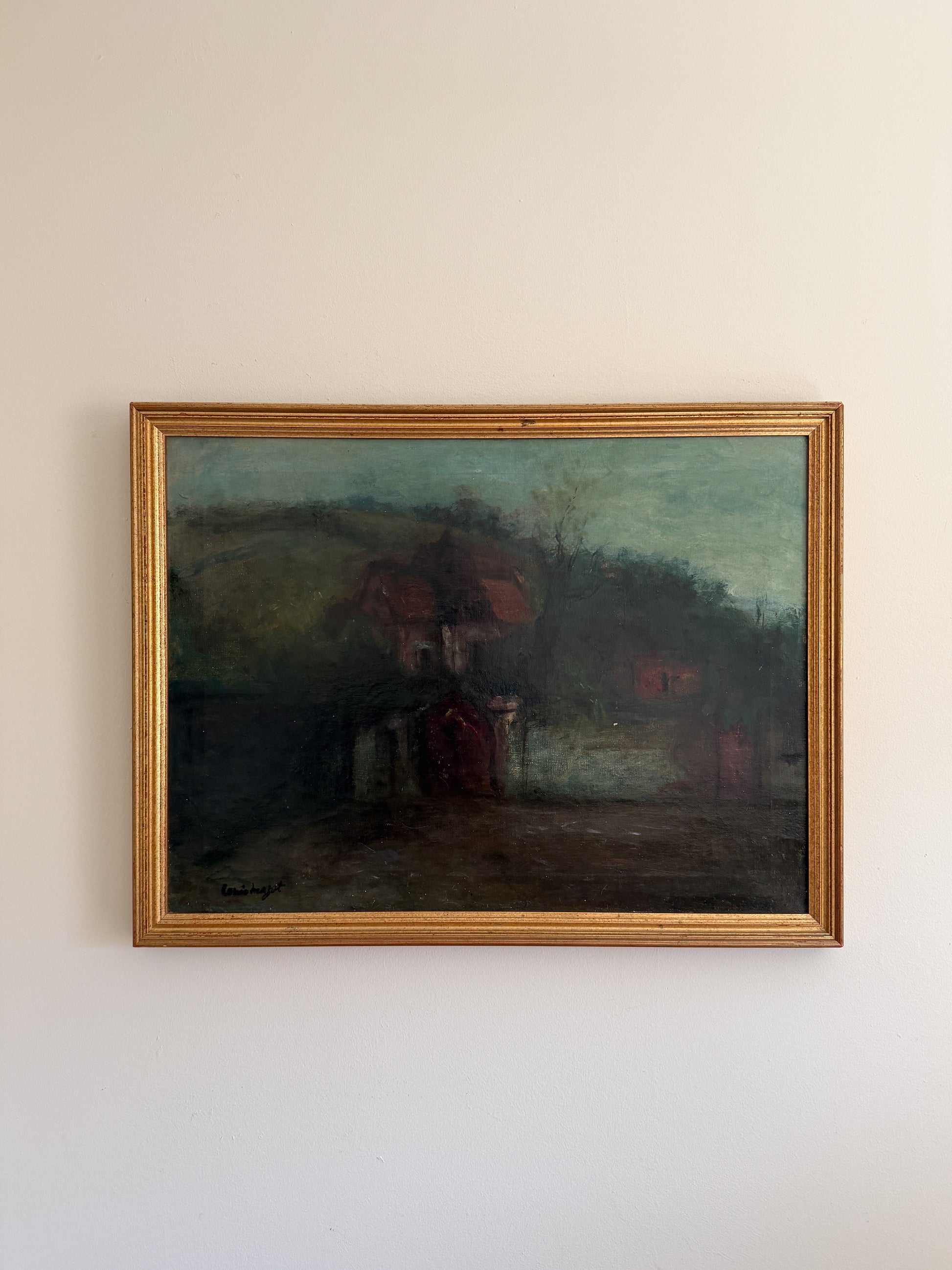 Oil Painting - Louis Mazet (French 20th Century), Houses Along a Road, 26"W x 20"H