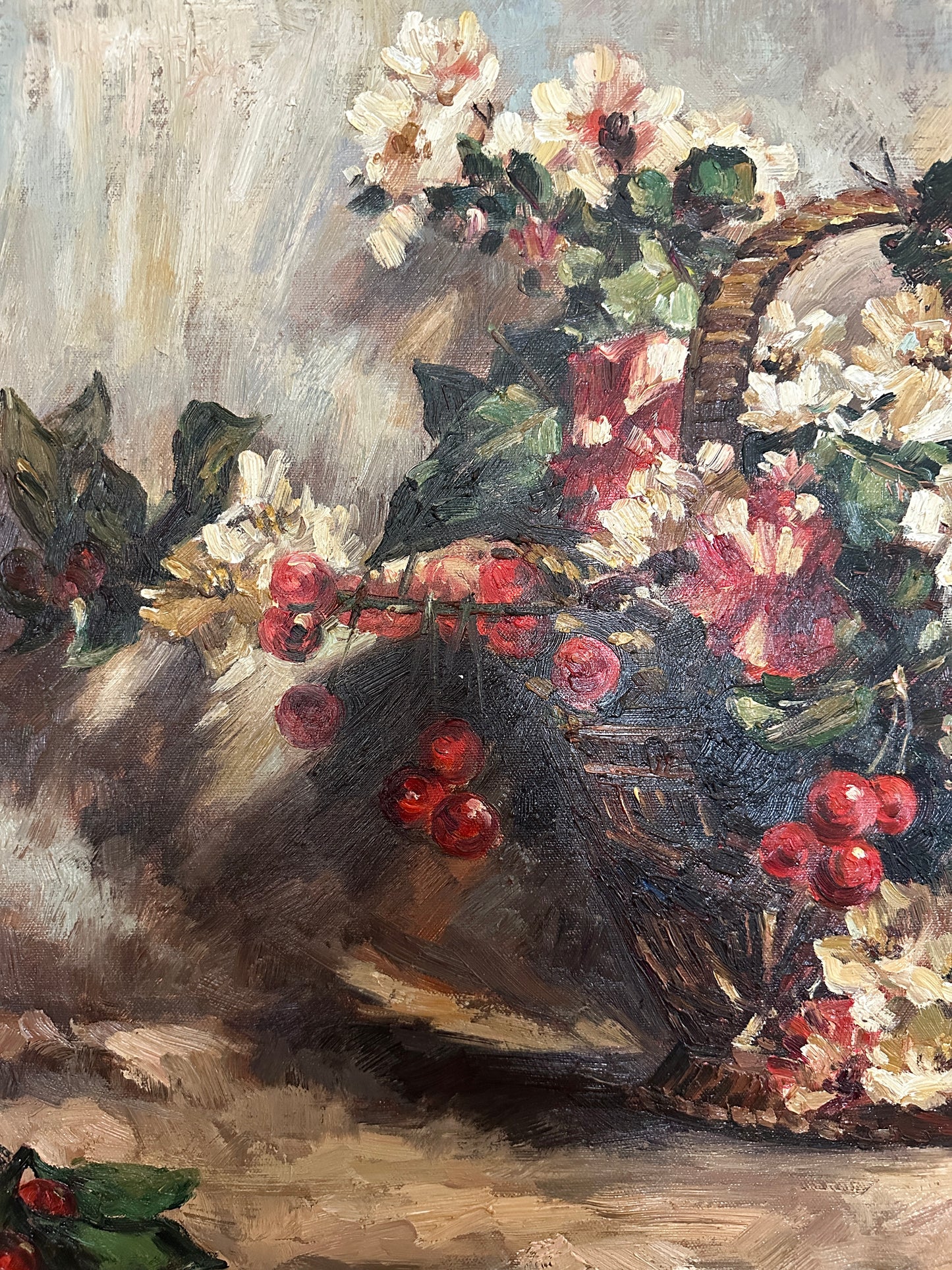 Oil Painting Still Life Basket of Flowers and Berries by Sully Bisso