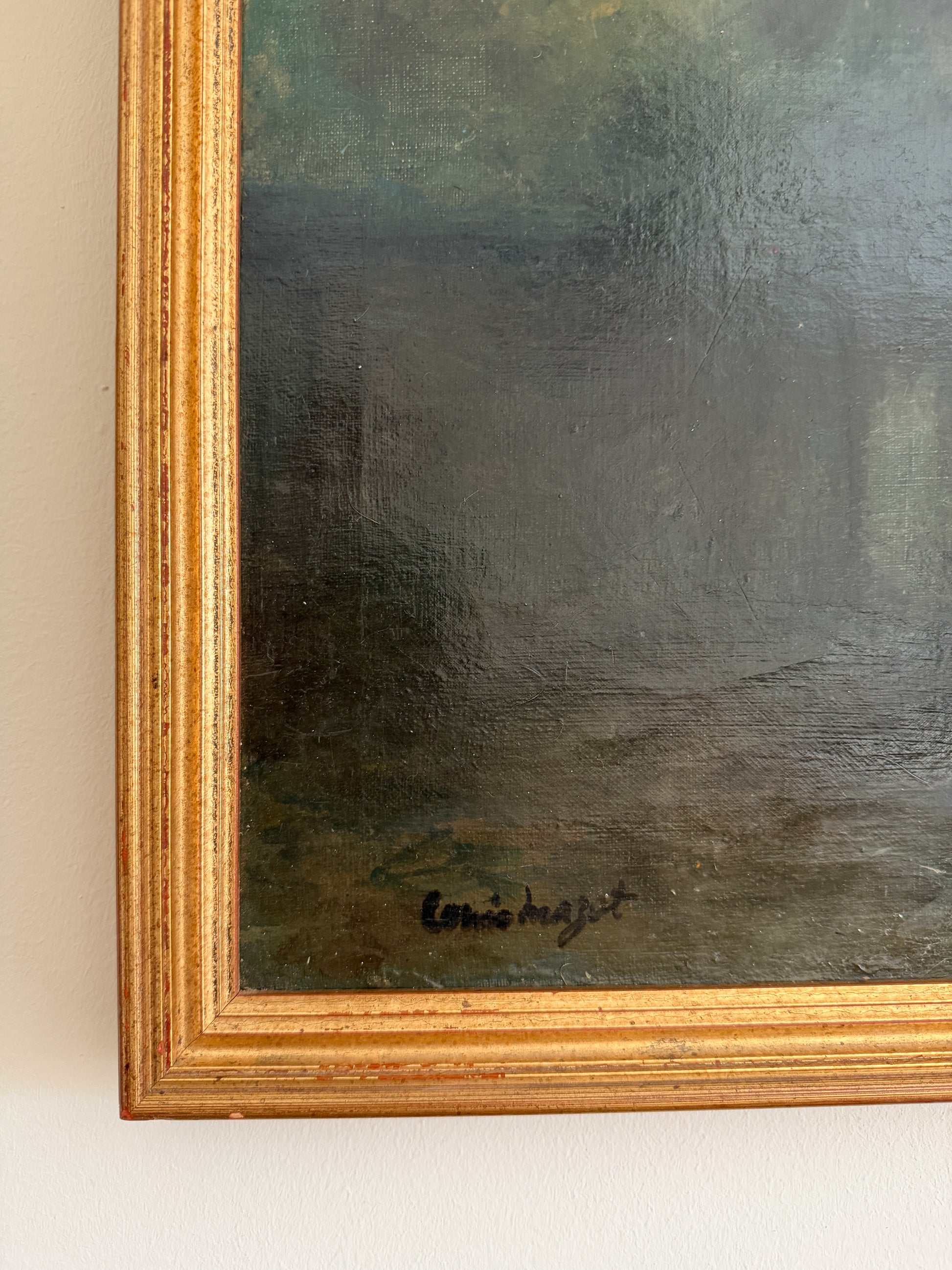 Oil Painting - Louis Mazet (French 20th Century), Houses Along a Road, 26"W x 20"H