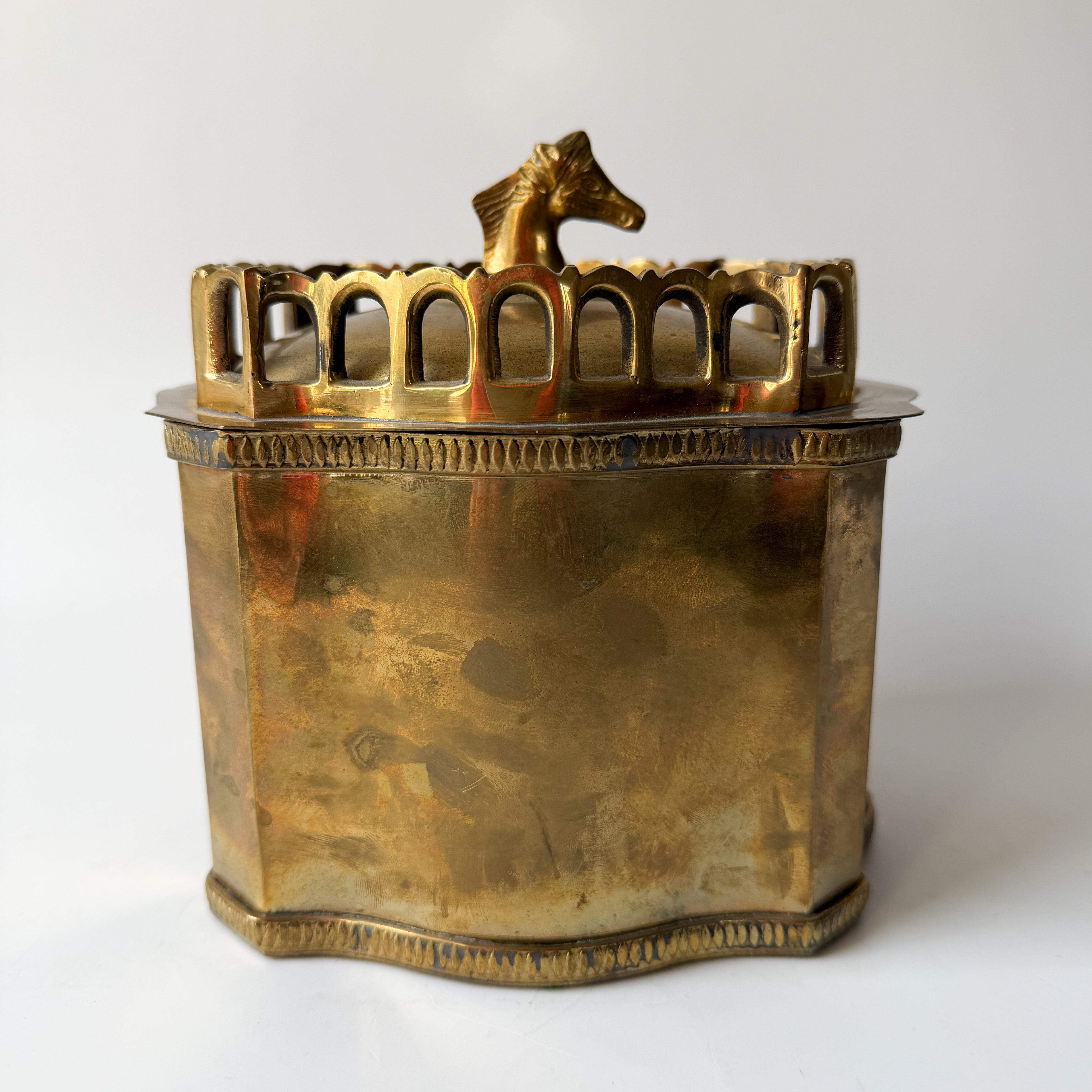 Vintage Brass Horse Biscuit Tin