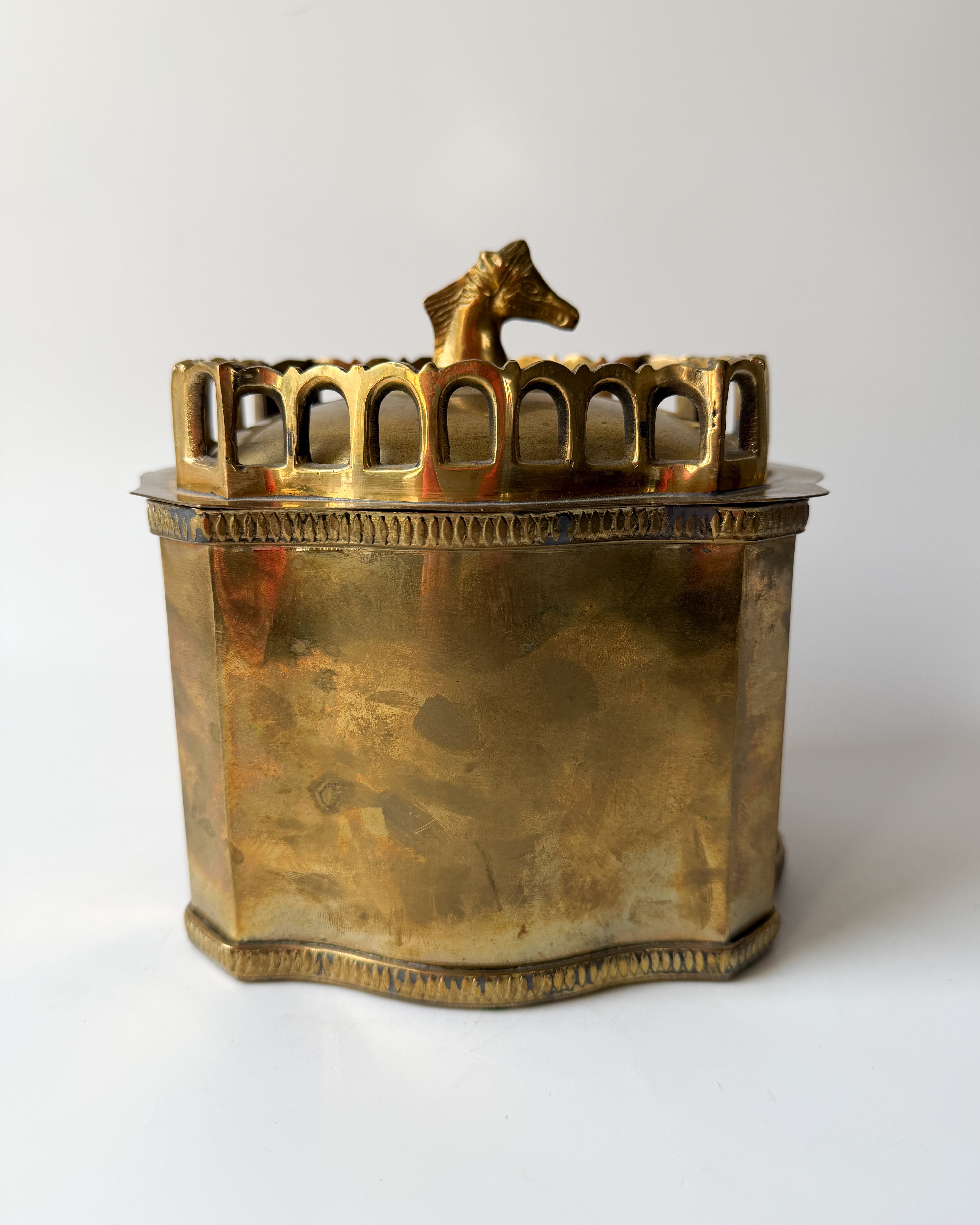 Vintage Brass Horse Biscuit Tin
