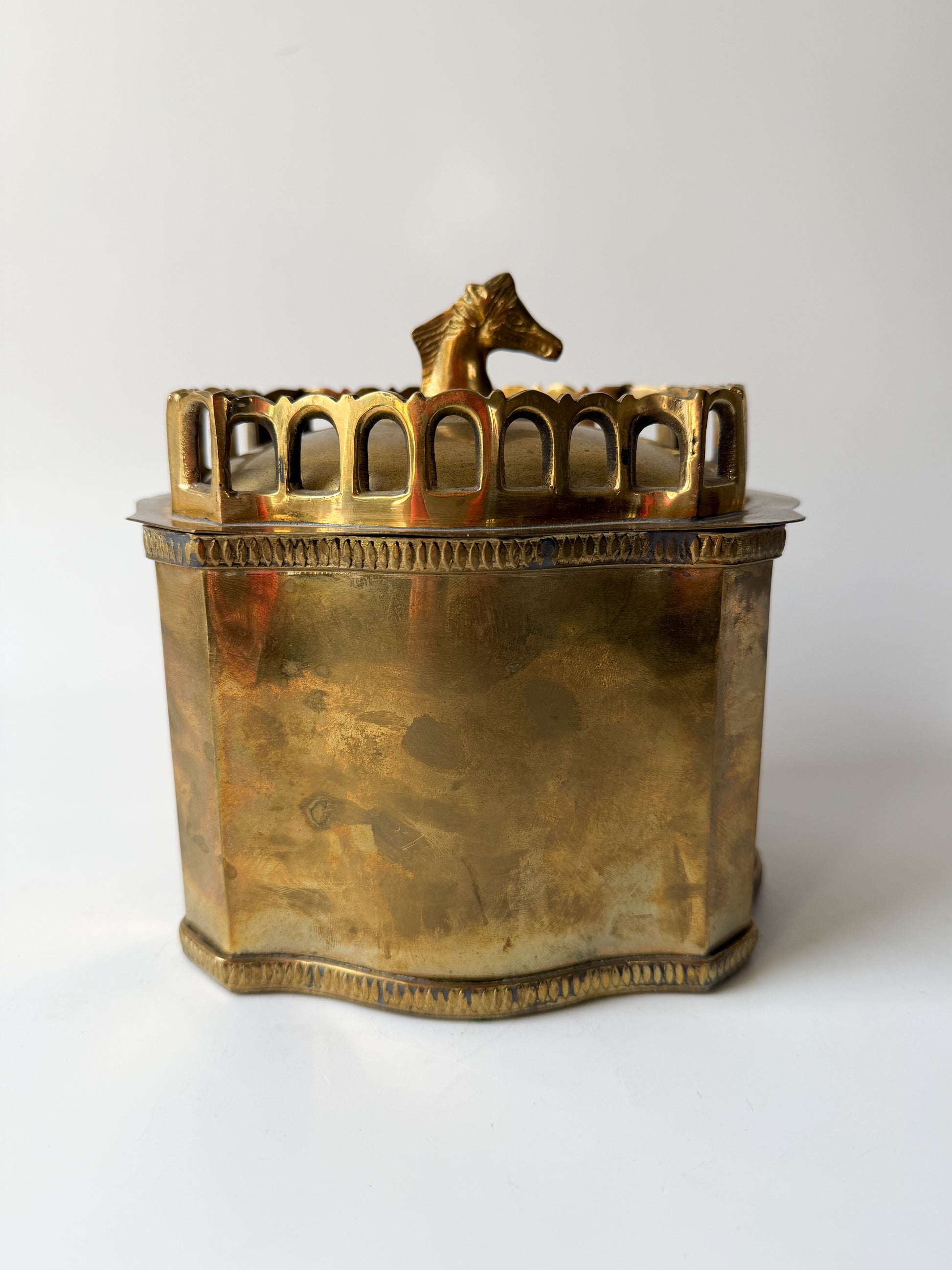 Vintage Brass Horse Biscuit Tin