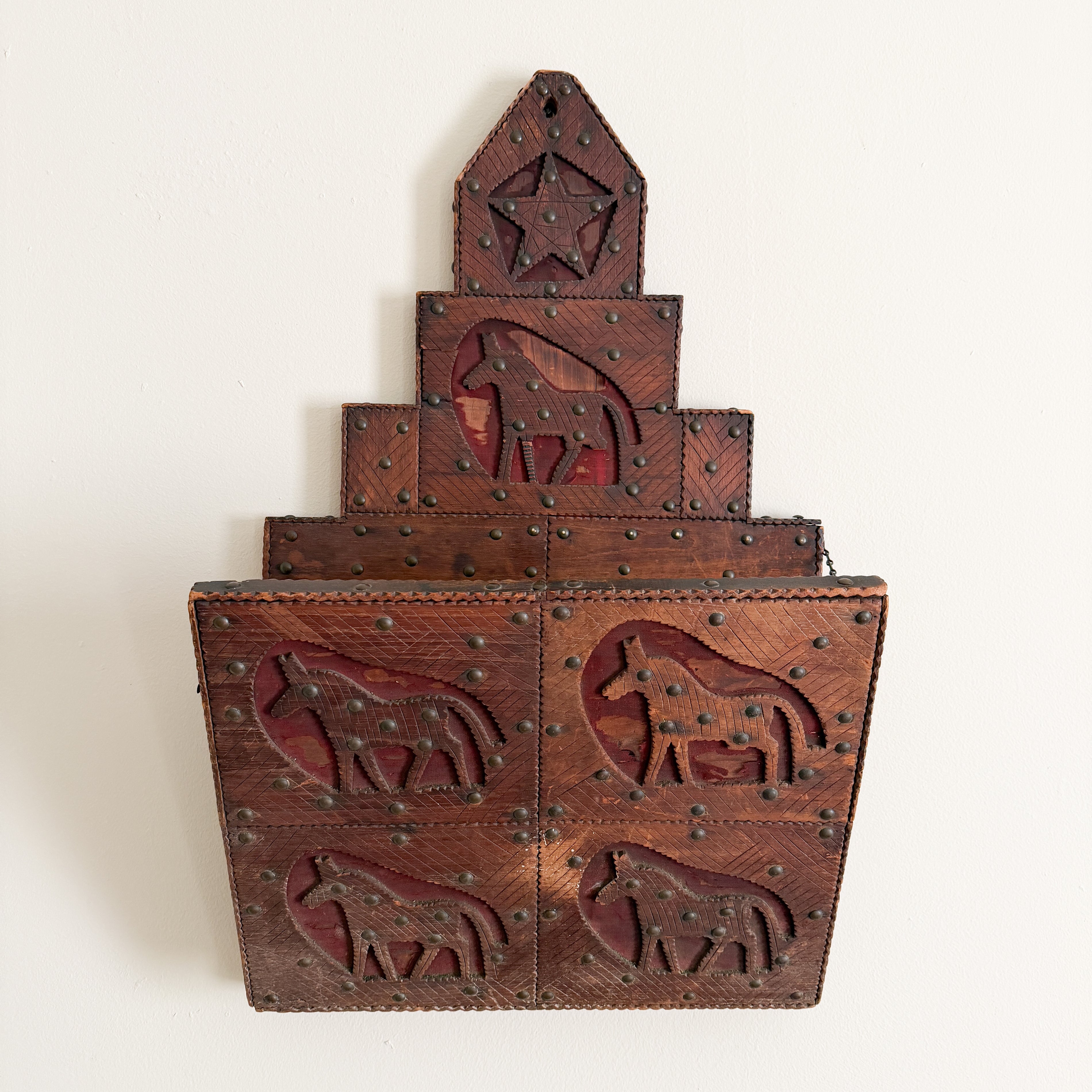 Vintage Folk Art Carved Wood Magazine Rack with Horses