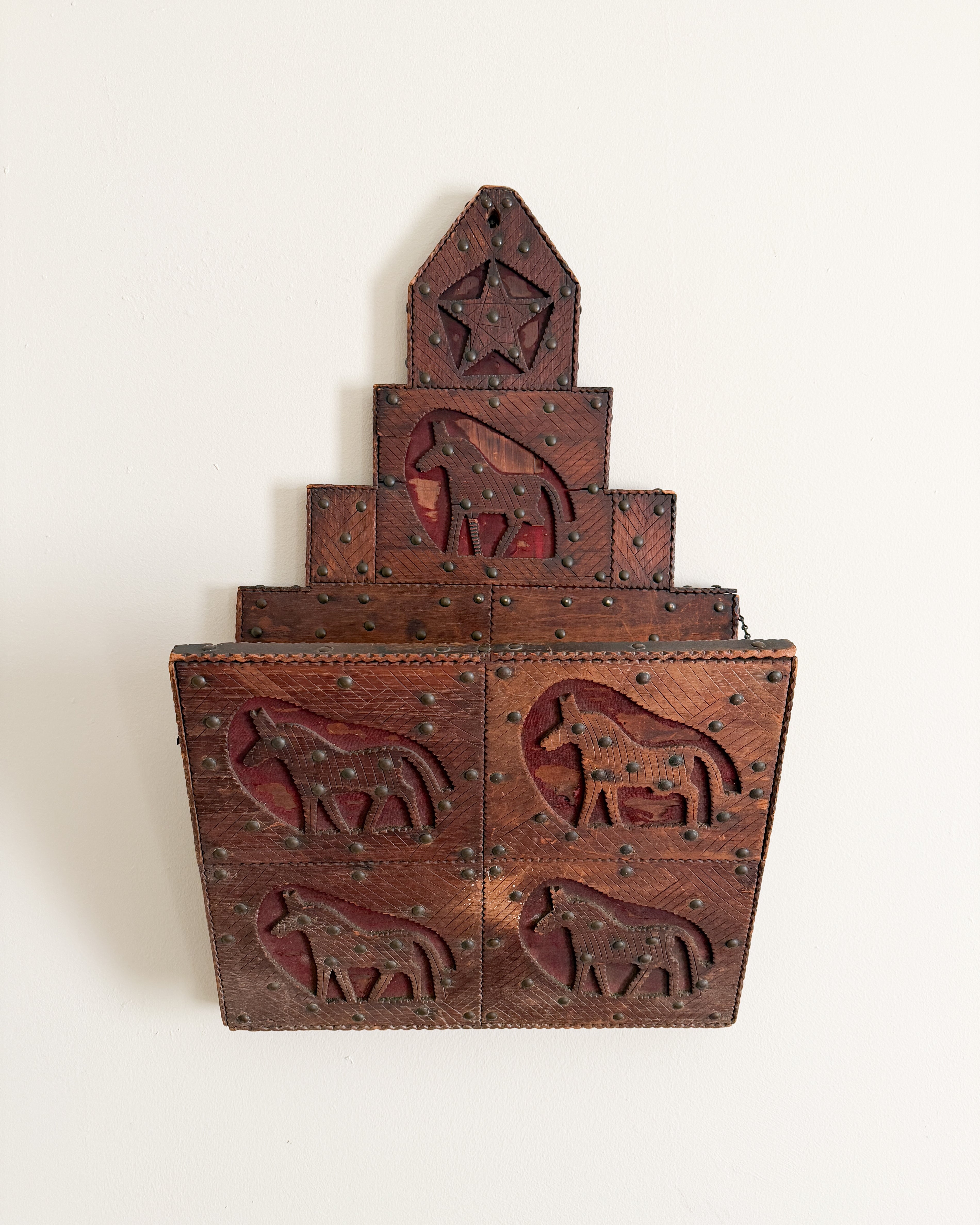 Vintage Folk Art Carved Wood Magazine Rack with Horses