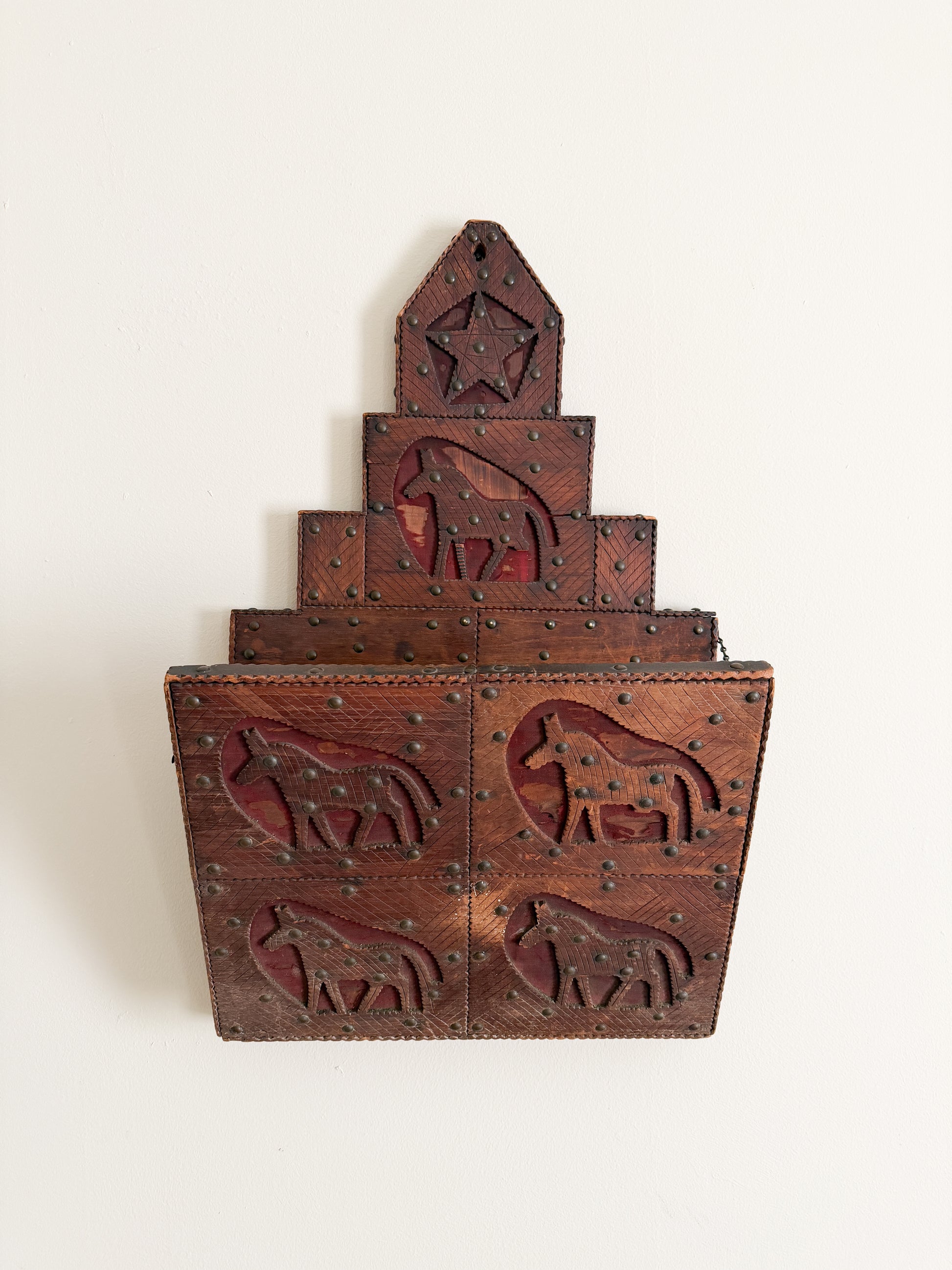 Vintage Folk Art Carved Wood Magazine Rack with Horses