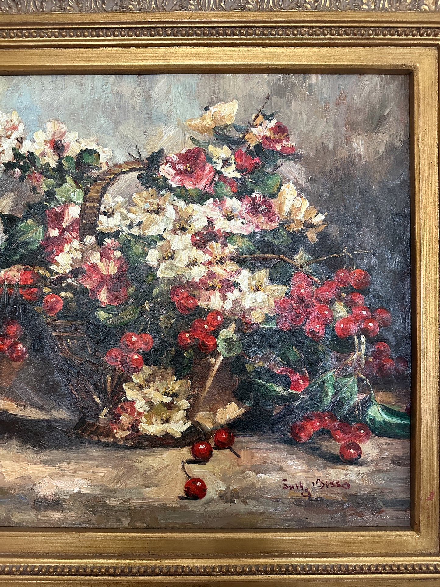 Oil Painting Still Life Basket of Flowers and Berries by Sully Bisso