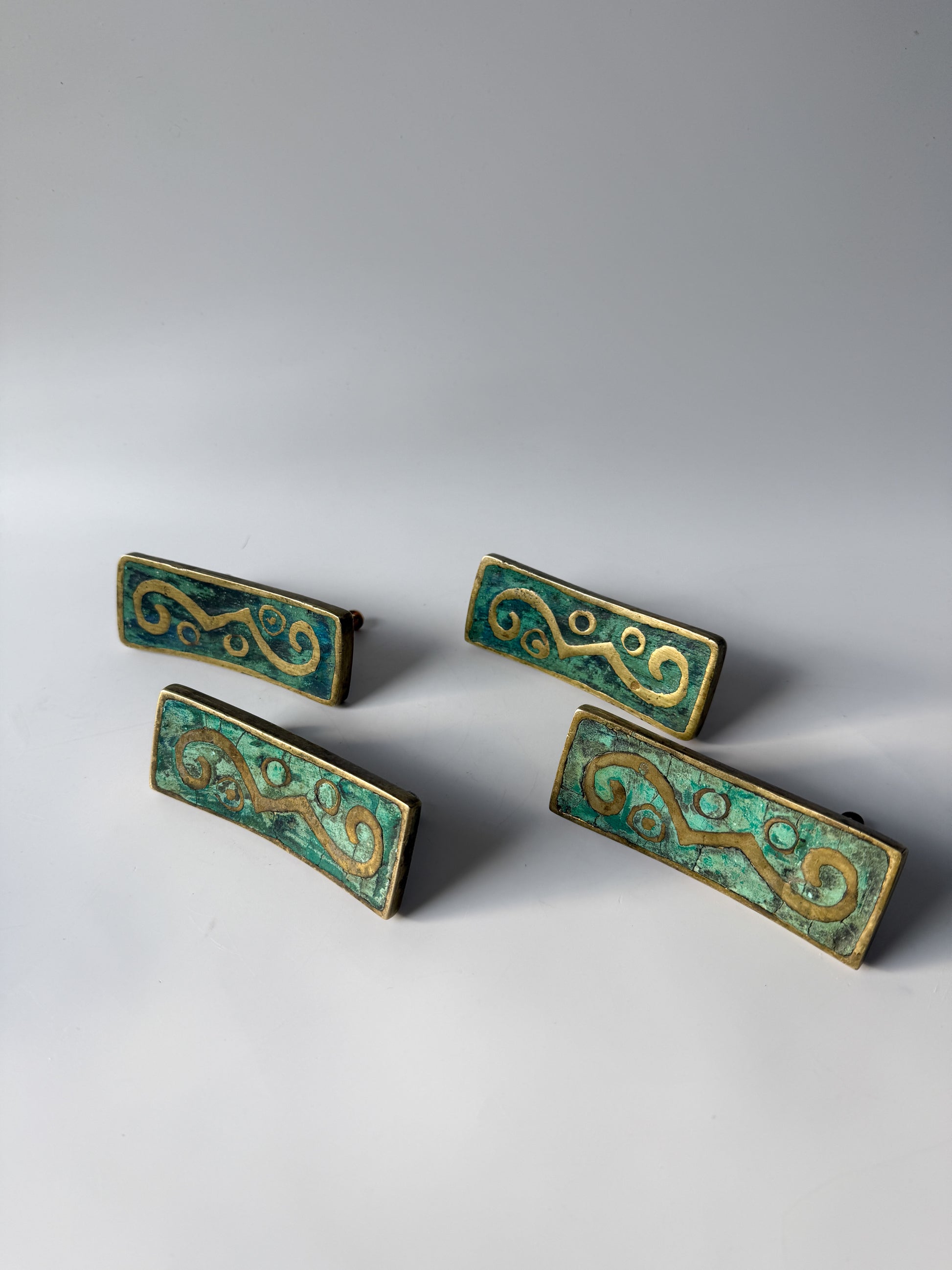 Set of Four Vintage MCM Pepe Mendoza Solid Brass and Ceramic Inlay Drawer Pulls