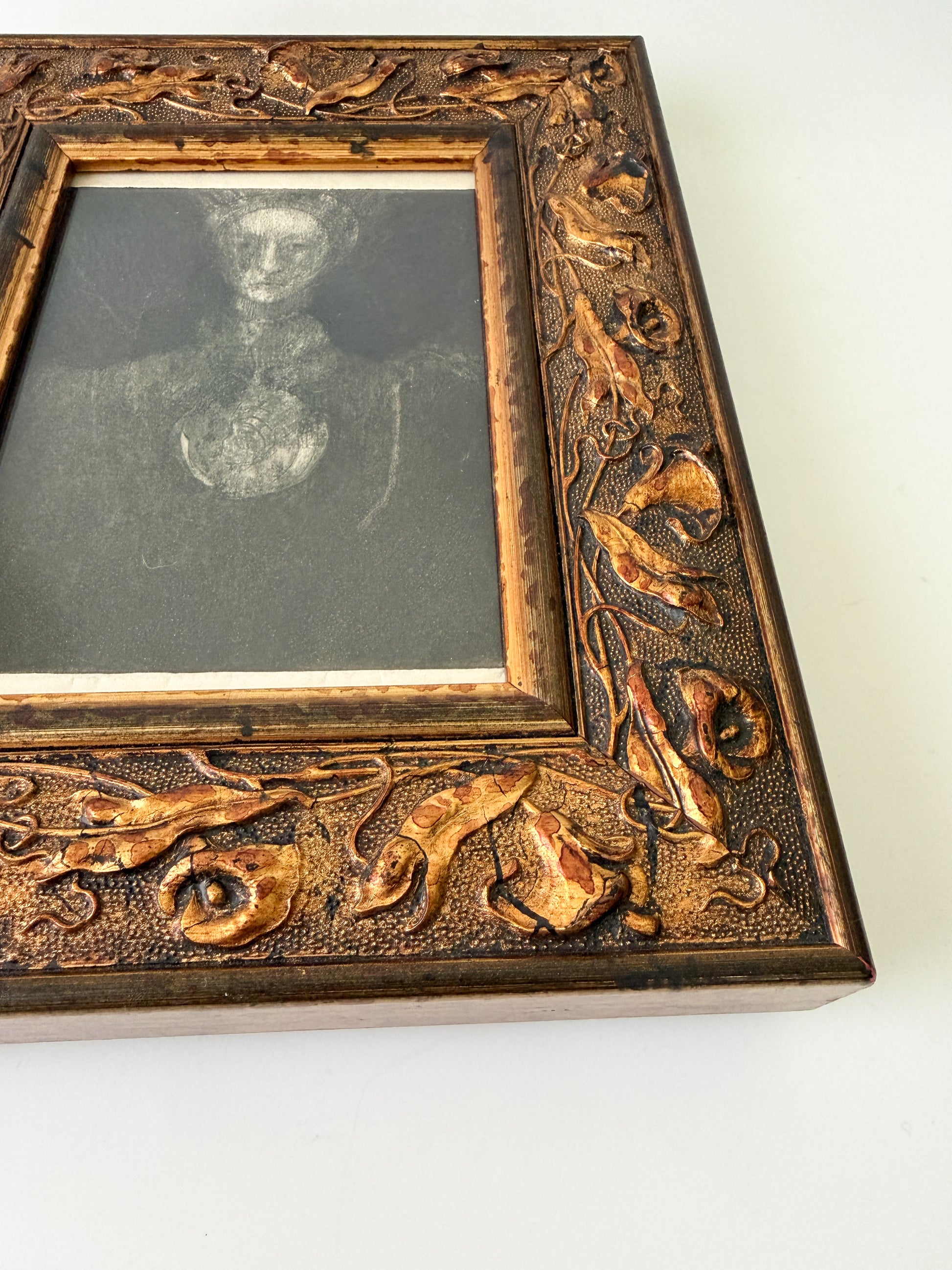 Framed Vintage Etching of Woman with Large Medallion