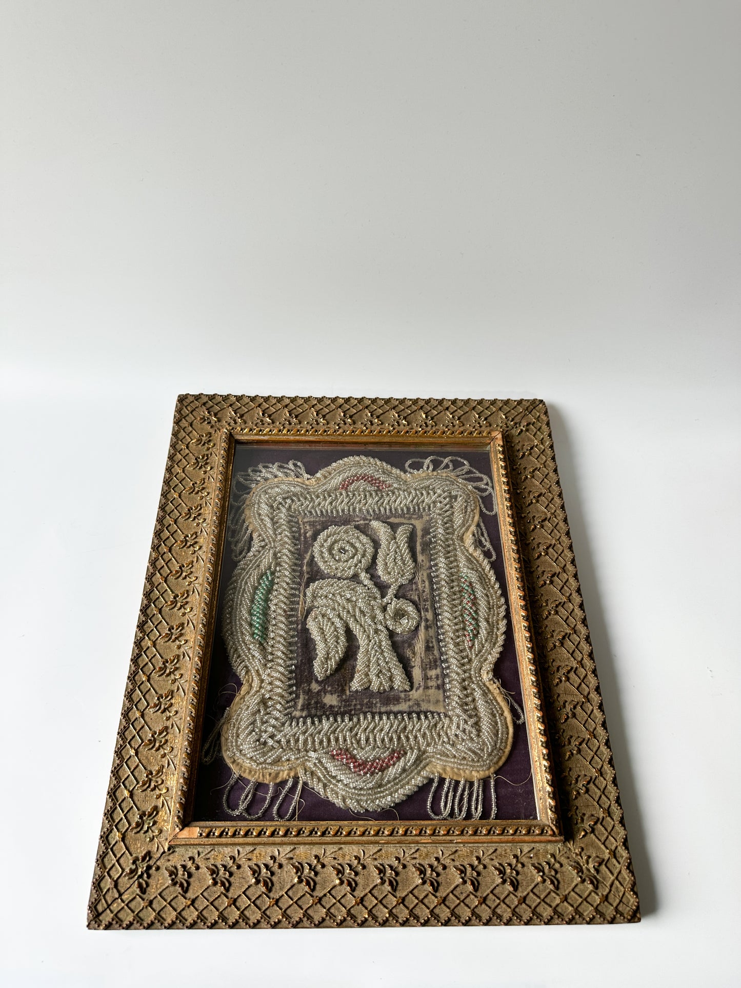 Antique Iroquois Hand Beaded Floral Textile Framed